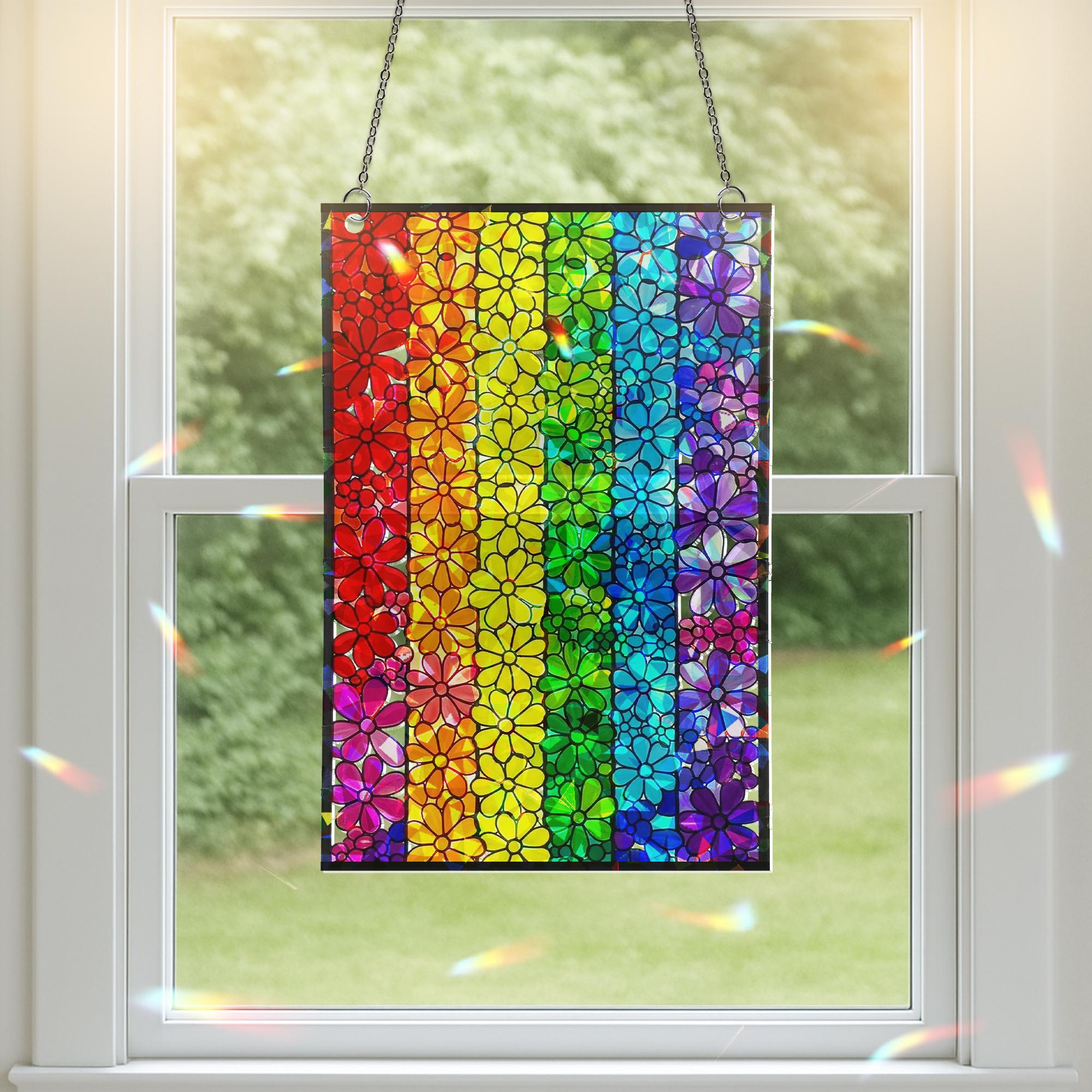Rainbow Flower ACRYLIC Suncatcher, Acrylic Stained Glass Panel, Pride Window Decor, Colorful Floral Wall Hanging, Holographic Art Gift