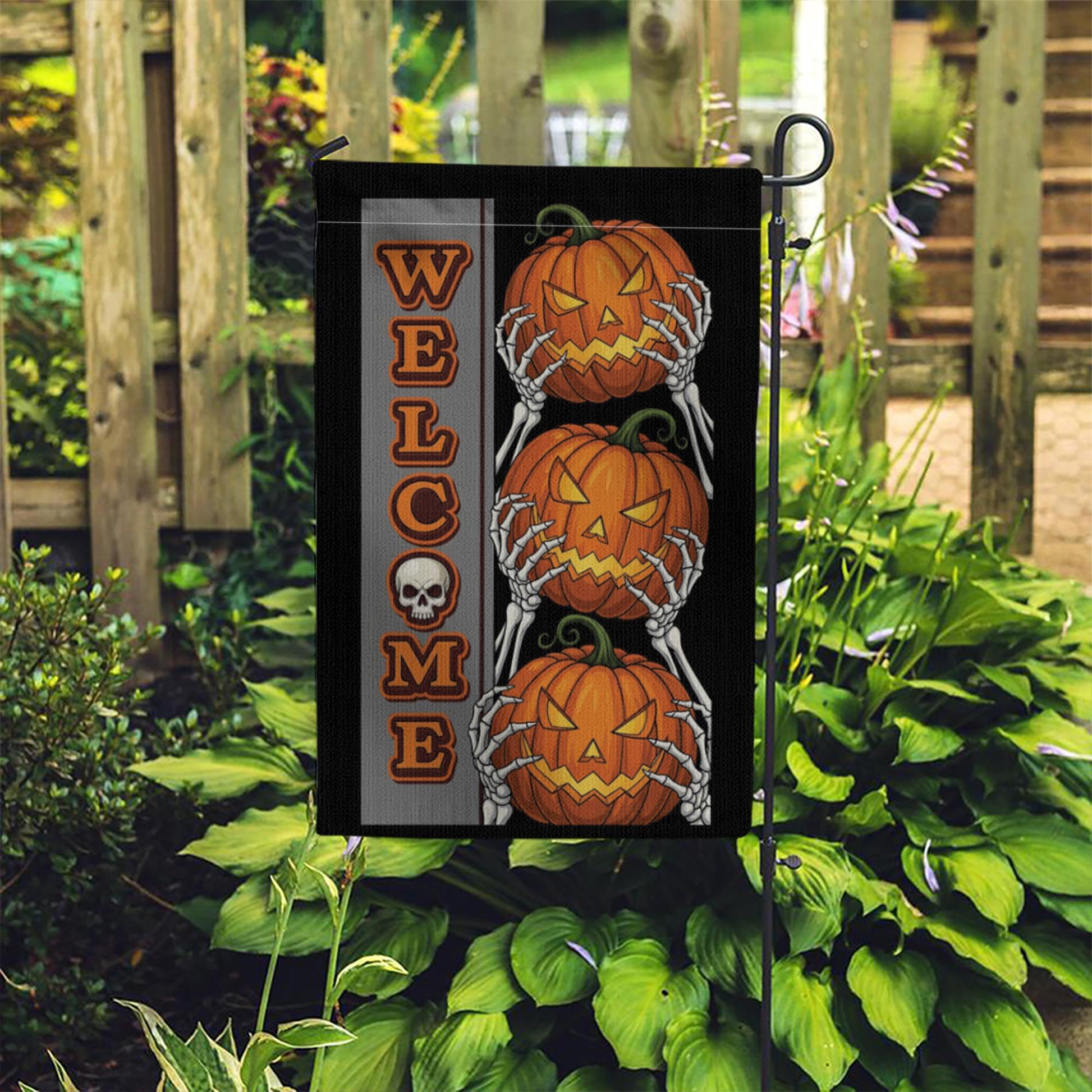 Welcome Halloween Garden Flag with Pumpkins and Skeleton Hands | Spooky Outdoor Fall Decor | Scary Yard Sign