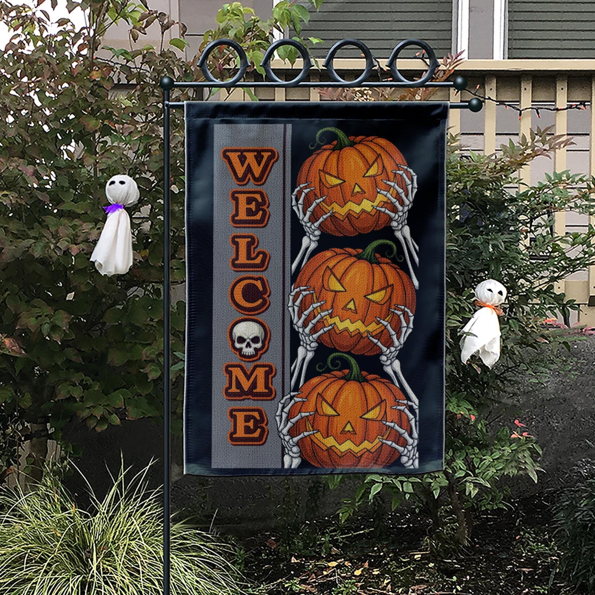 Welcome Halloween Garden Flag with Pumpkins and Skeleton Hands | Spooky Outdoor Fall Decor | Scary Yard Sign