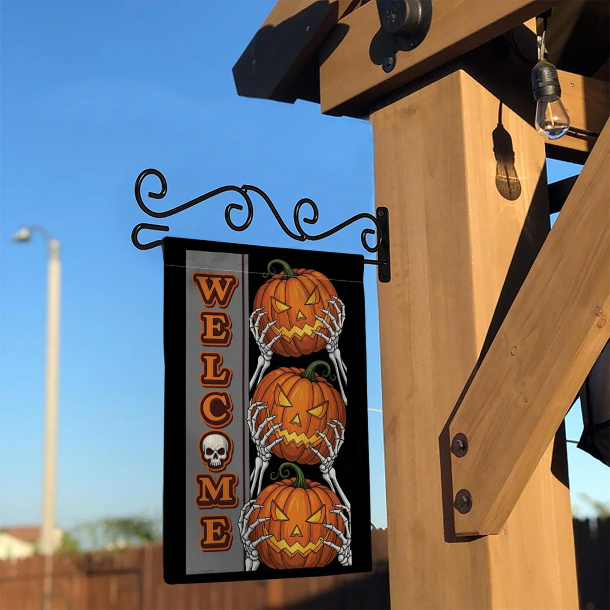 Welcome Halloween Garden Flag with Pumpkins and Skeleton Hands | Spooky Outdoor Fall Decor | Scary Yard Sign