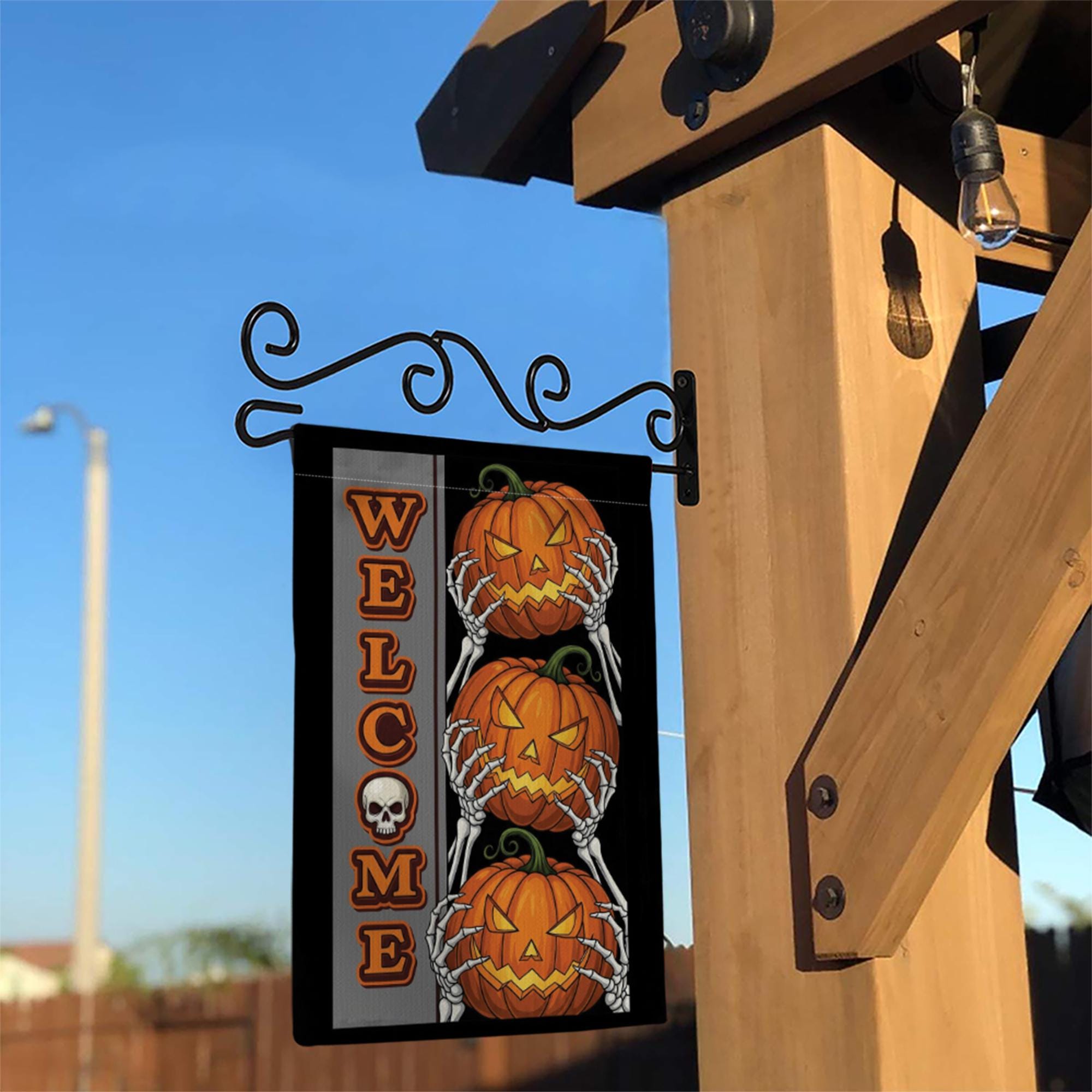 Welcome Halloween Garden Flag with Pumpkins and Skeleton Hands | Spooky Outdoor Fall Decor | Scary Yard Sign