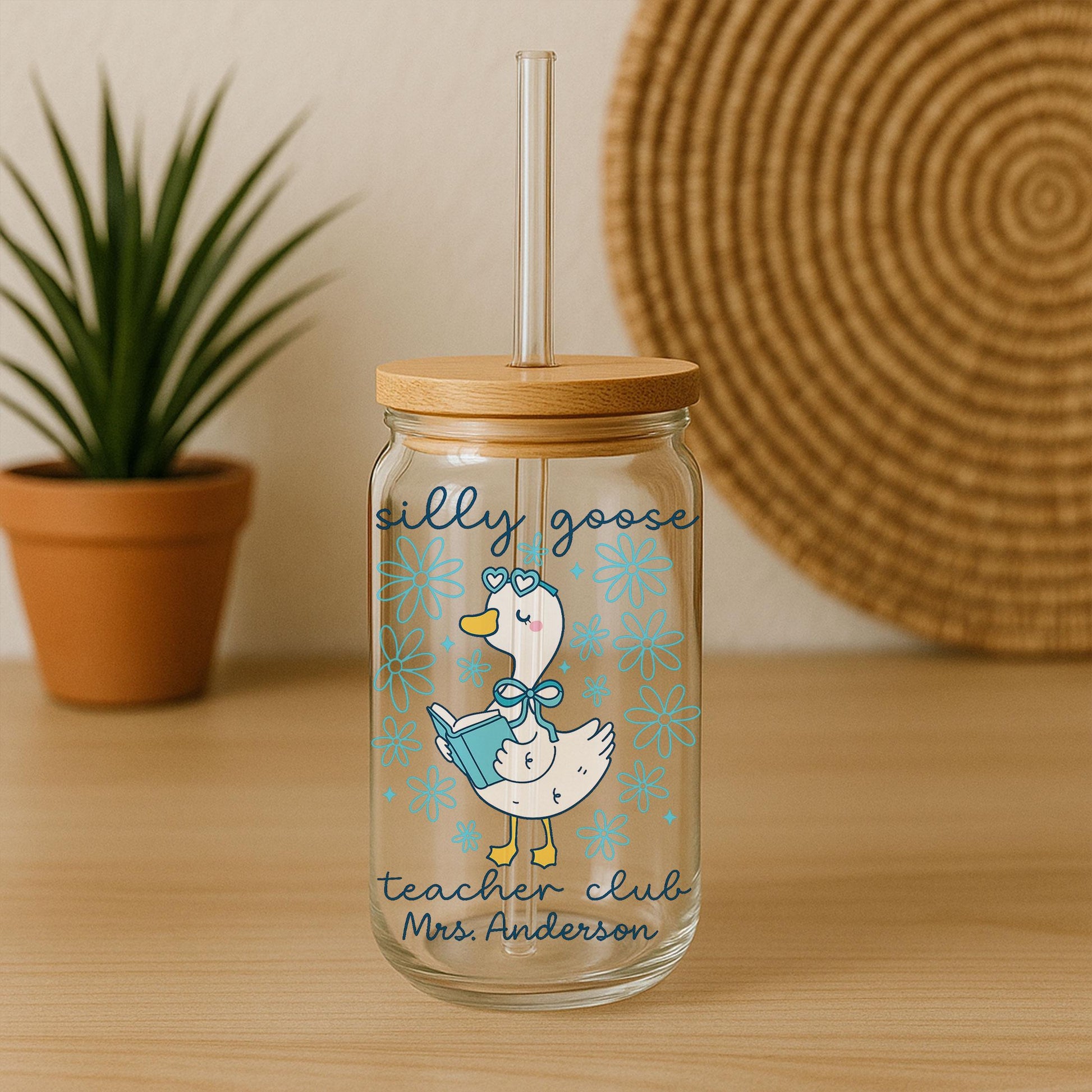 Personalized Silly Goose Teacher Gift, Custom Iced Coffee Cup, 16oz Glass Can w/ Lid & Straw, Teacher Appreciation End of Year Gift