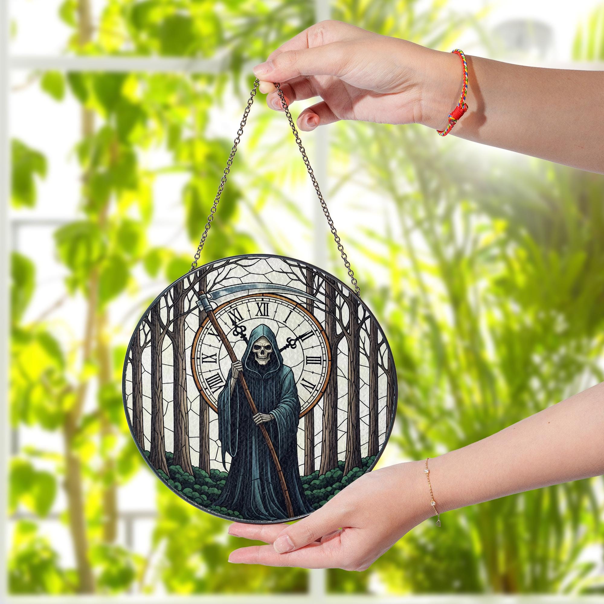 Grim Reaper Stained Glass Ornament | Gothic Clock Window Hanging | Dark Forest Decor | Halloween Death Art Gift