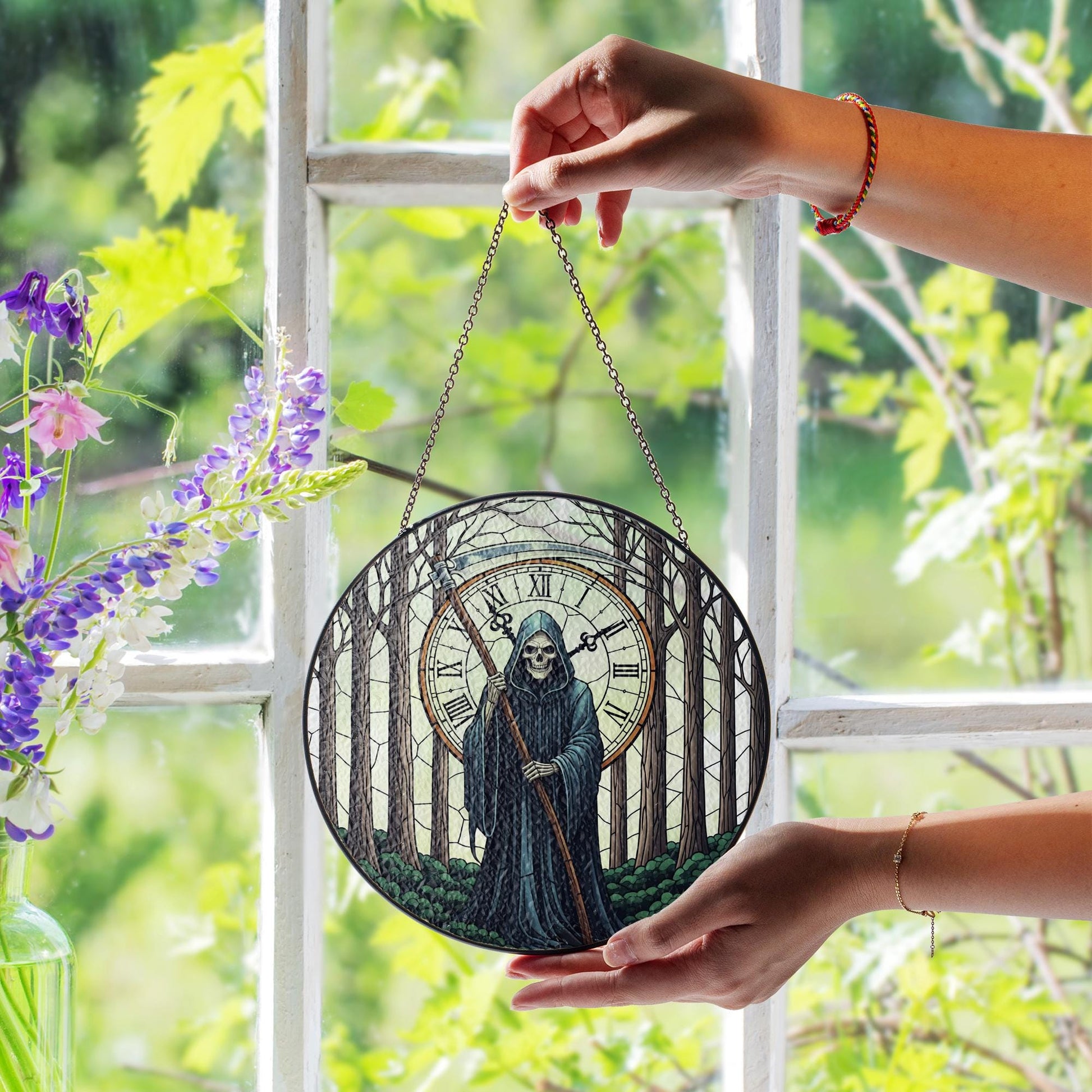 Grim Reaper Stained Glass Ornament | Gothic Clock Window Hanging | Dark Forest Decor | Halloween Death Art Gift