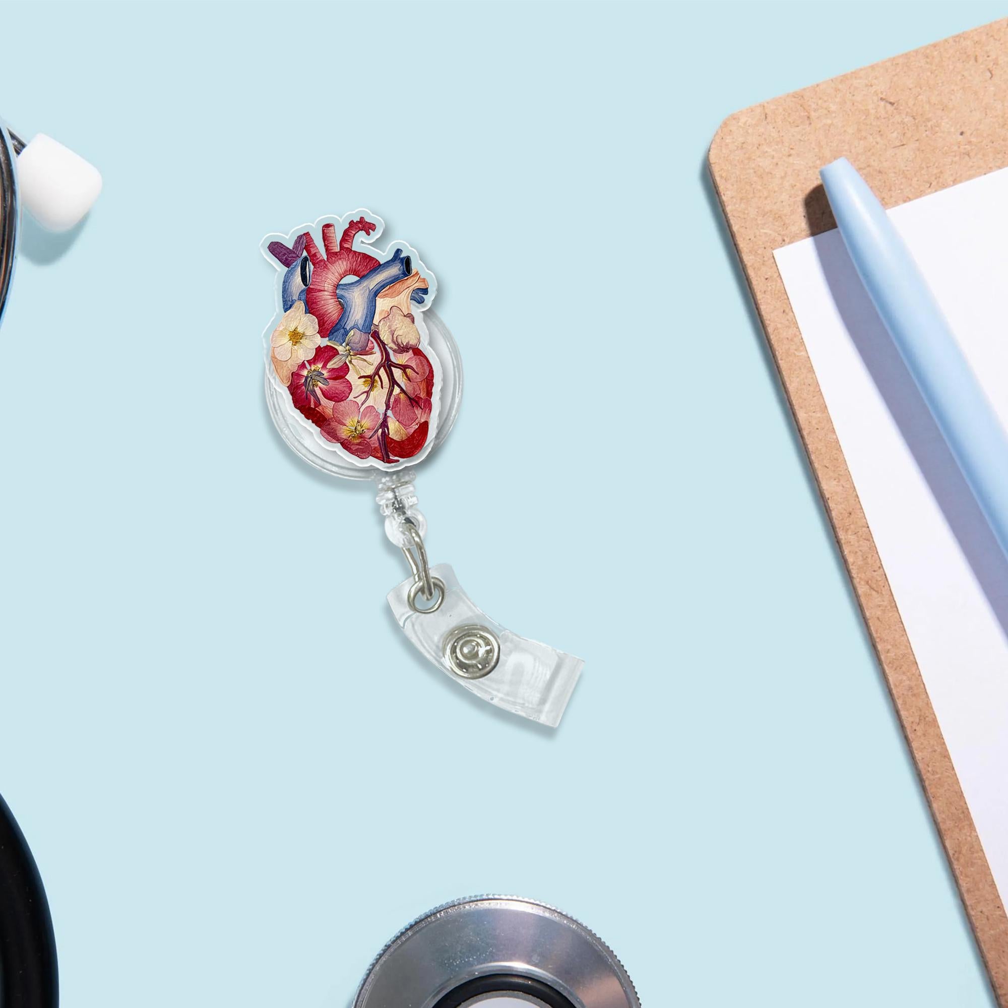 Anatomical Heart Badge Reel, Floral Medical ID Holder, Cardiology Badge Clip, Nurse Gift, Doctor Badge Reel, Heart Doctor Accessory