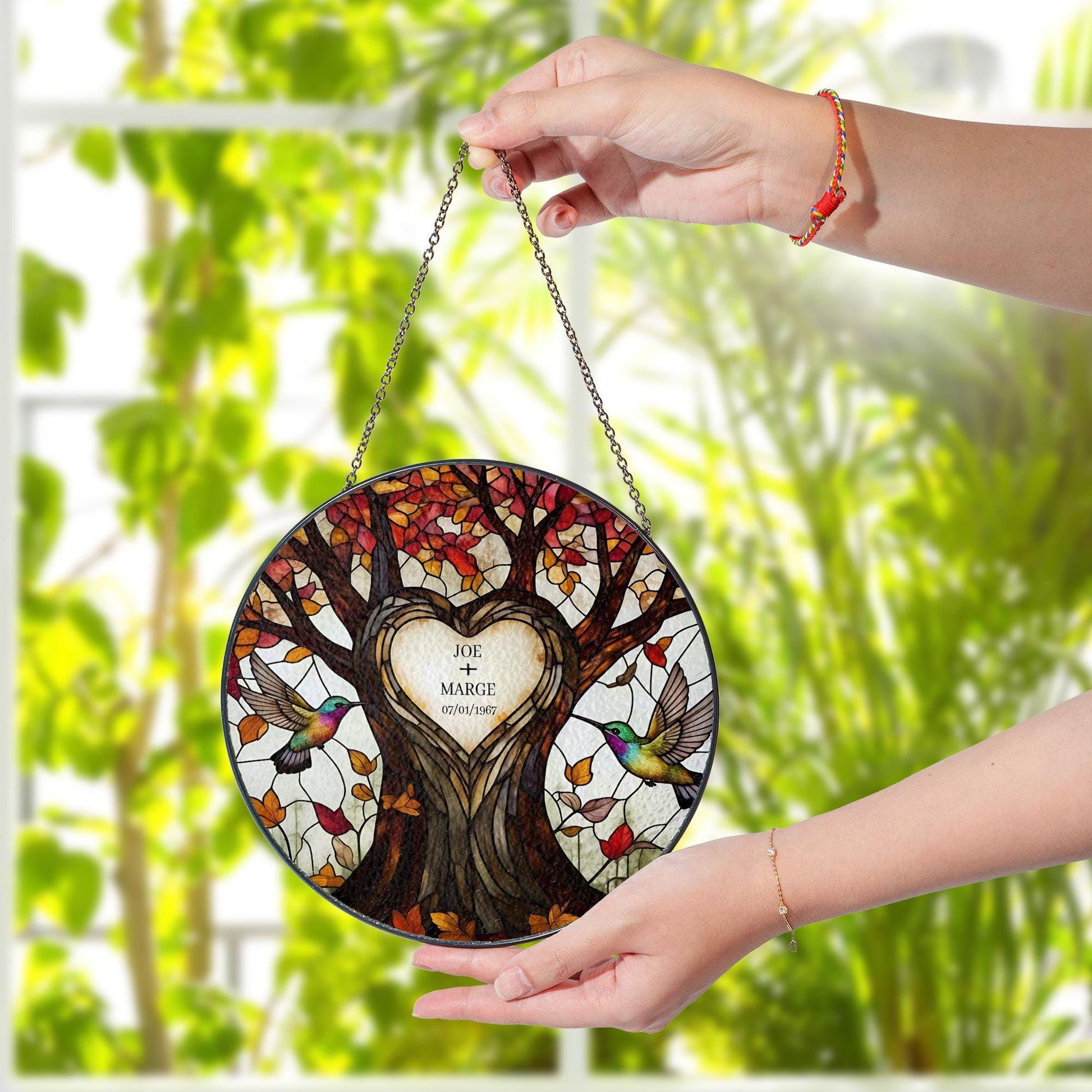 Custom Anniversary Glass Suncatcher, Heart Tree Gift, Hummingbird Decor, Anniversary Gift, Personalized Window Hanging, Couple Keepsake