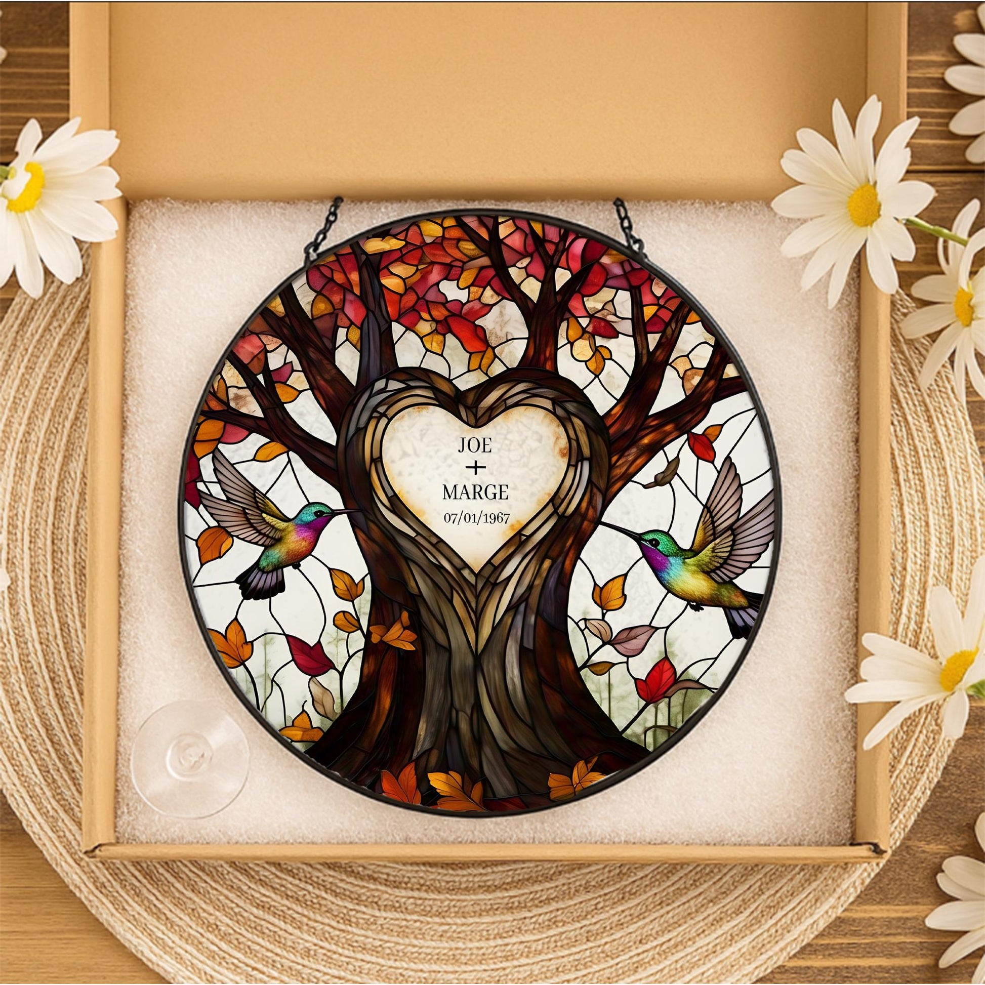 Custom Anniversary Glass Suncatcher, Heart Tree Gift, Hummingbird Decor, Anniversary Gift, Personalized Window Hanging, Couple Keepsake