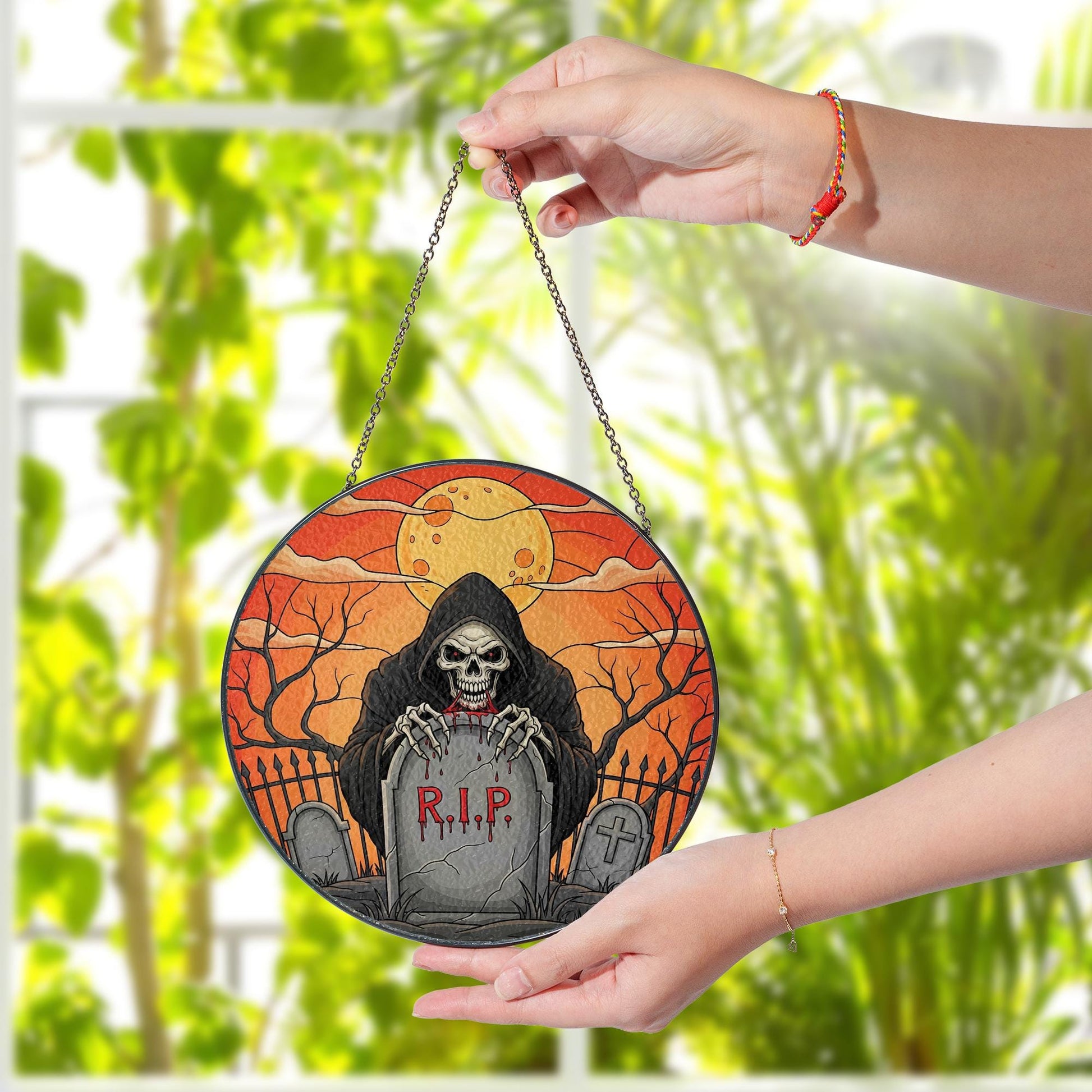 Grim Reaper RIP ornament | Gothic Halloween Stained Glass Hanging | Spooky Skull Grave Art | Creepy Window Decor