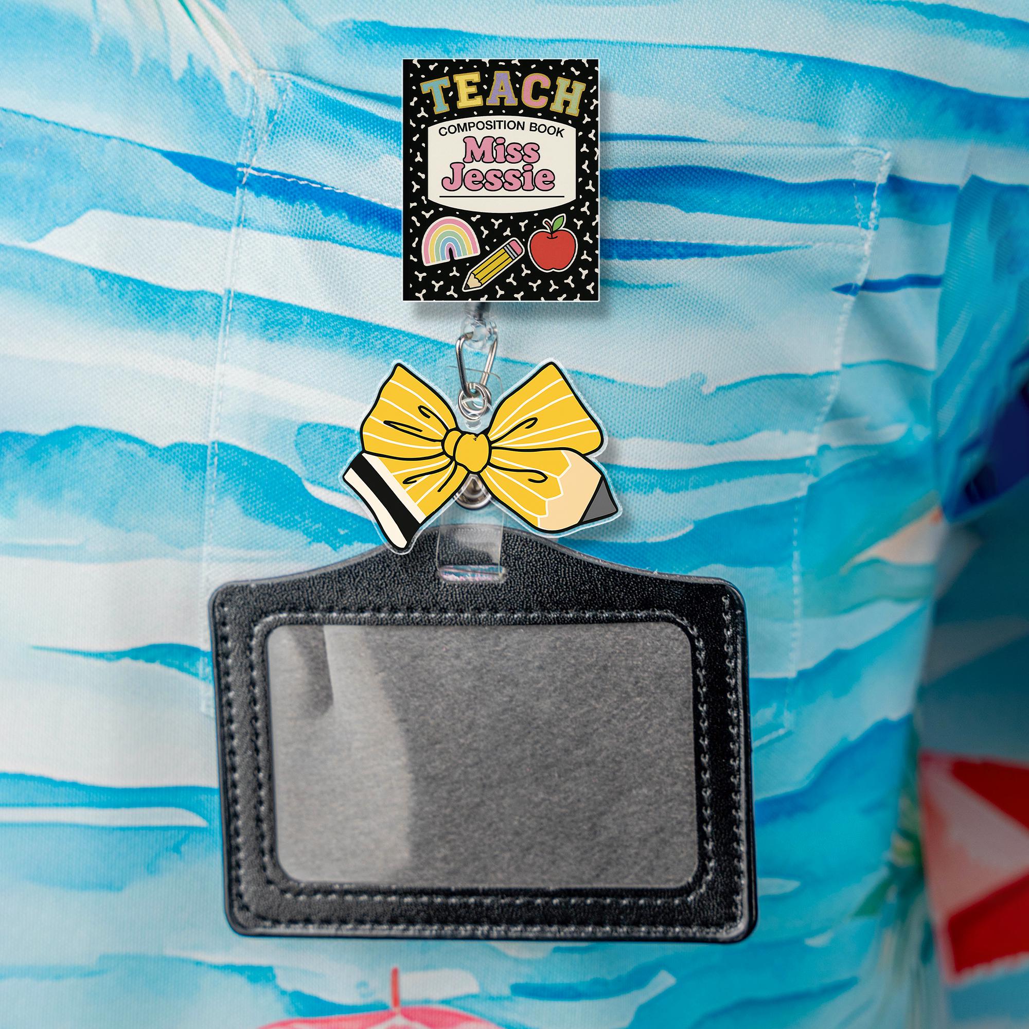 Custom Teacher Badge Reel, Back to School ID Holder, Personalized Composition Notebook Design with Pencil Bow, Cute Teacher Gift