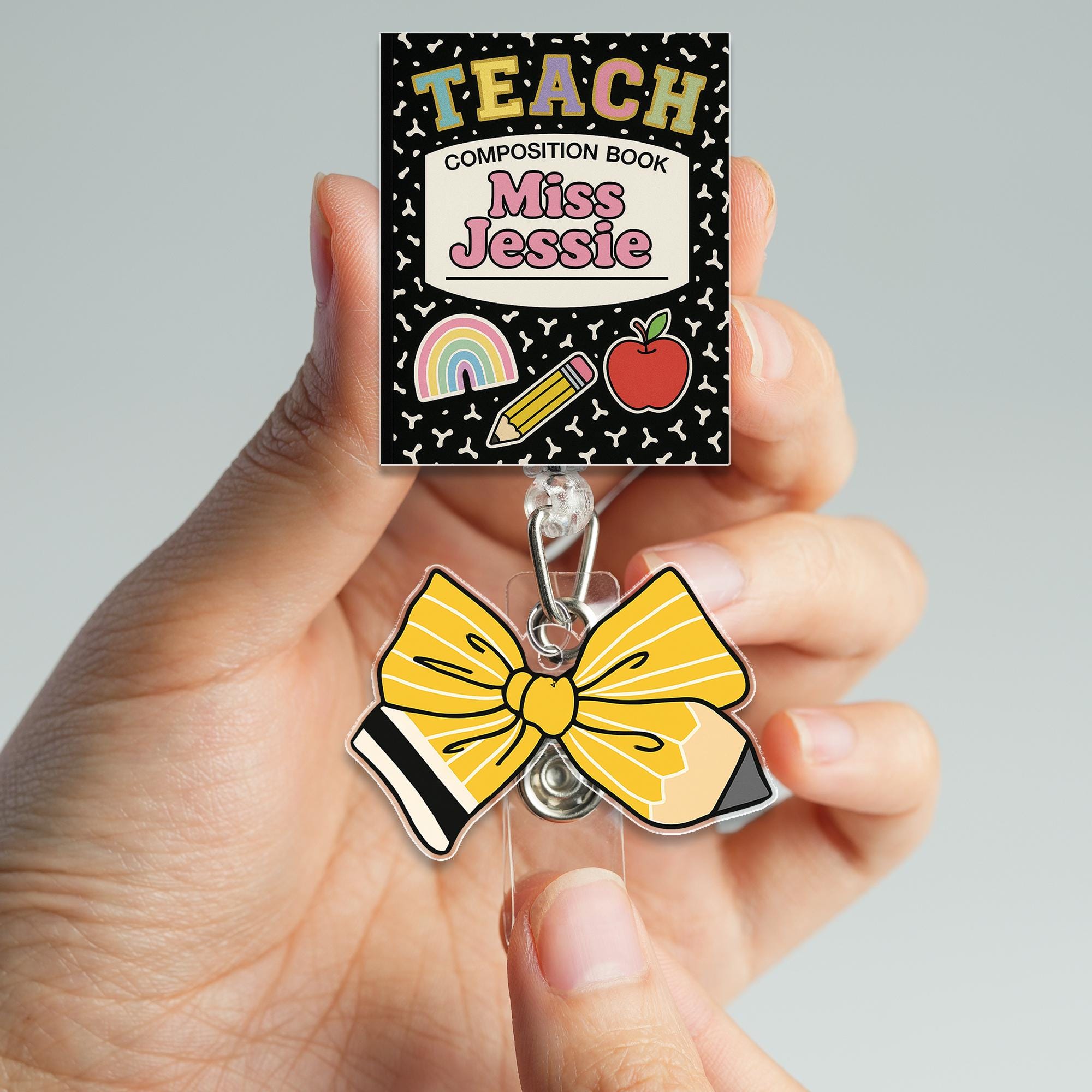 Custom Teacher Badge Reel, Back to School ID Holder, Personalized Composition Notebook Design with Pencil Bow, Cute Teacher Gift