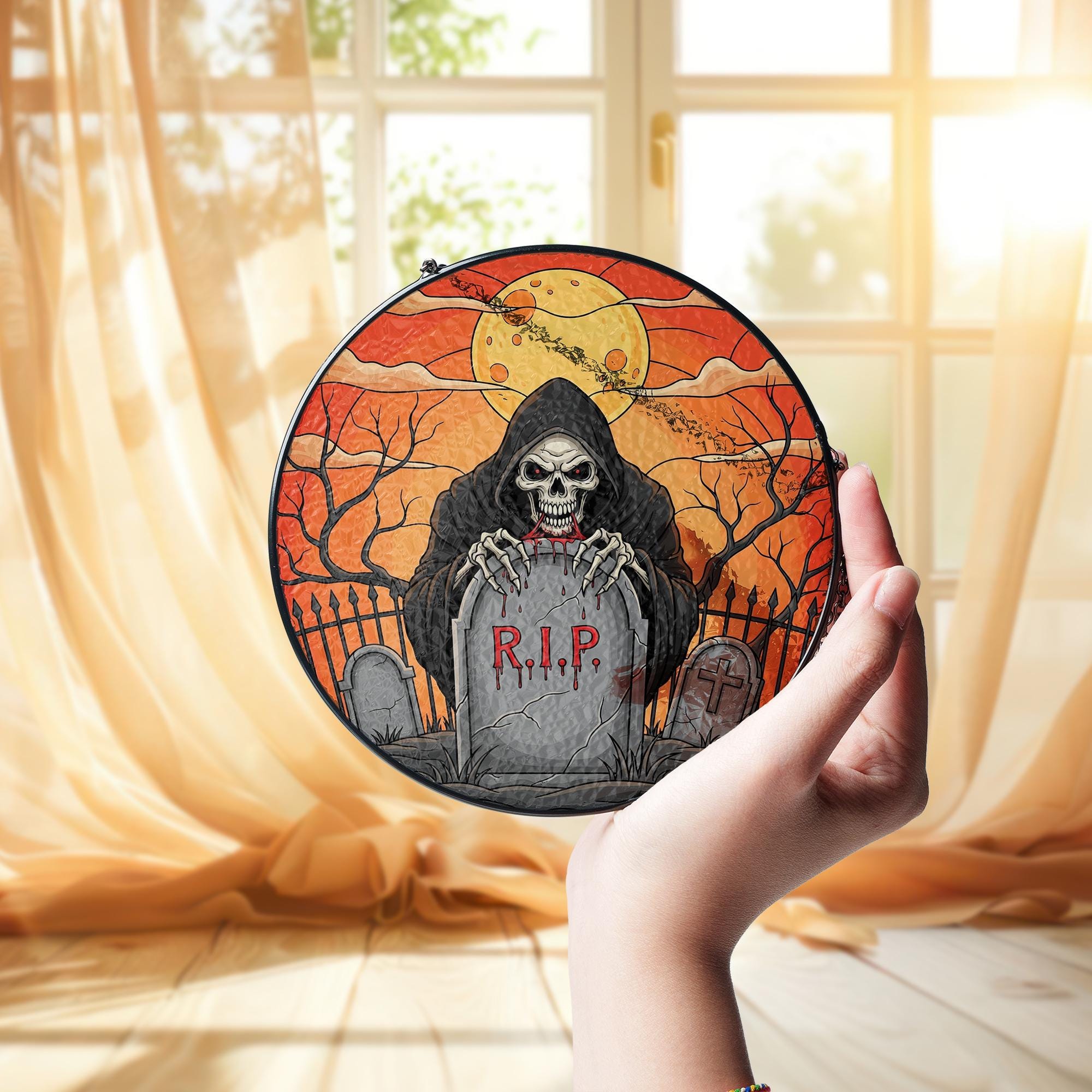 Grim Reaper RIP ornament | Gothic Halloween Stained Glass Hanging | Spooky Skull Grave Art | Creepy Window Decor