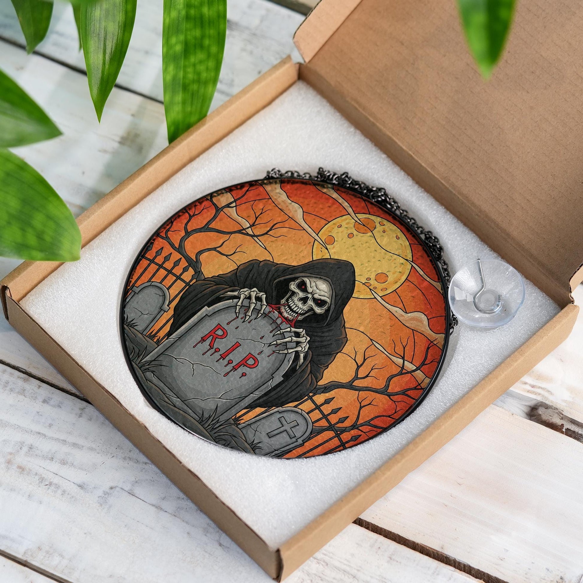 Grim Reaper RIP ornament | Gothic Halloween Stained Glass Hanging | Spooky Skull Grave Art | Creepy Window Decor