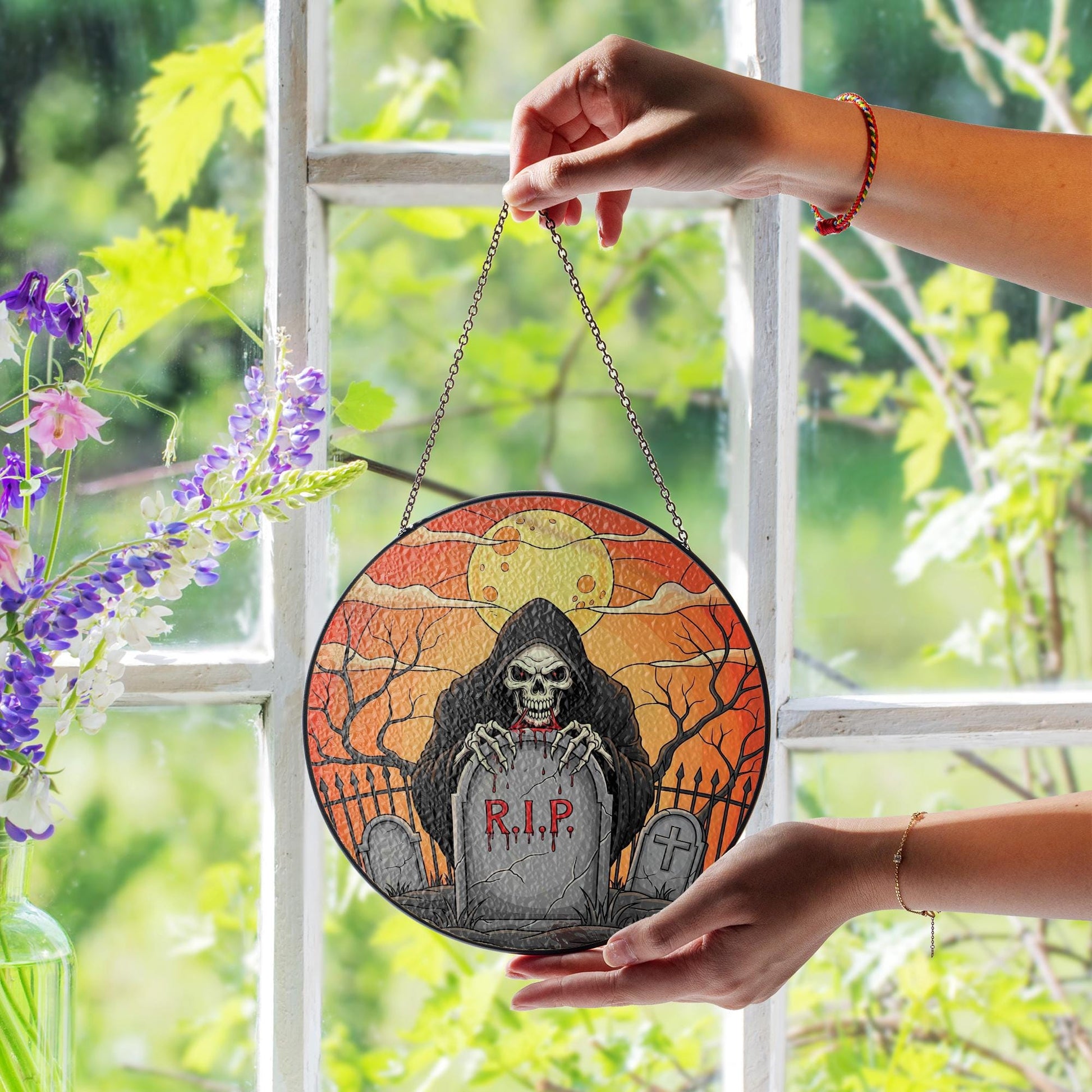 Grim Reaper RIP ornament | Gothic Halloween Stained Glass Hanging | Spooky Skull Grave Art | Creepy Window Decor