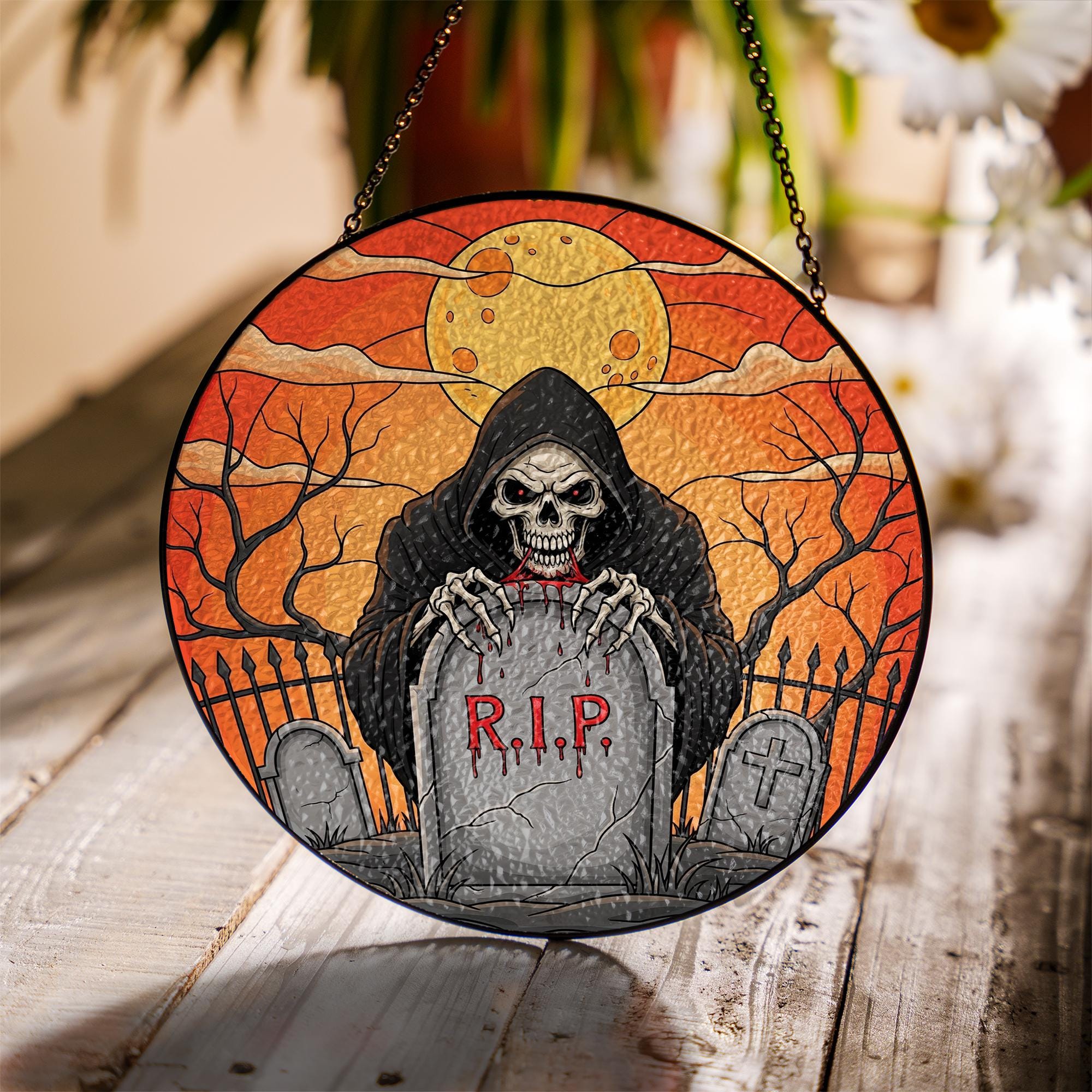 Grim Reaper RIP ornament | Gothic Halloween Stained Glass Hanging | Spooky Skull Grave Art | Creepy Window Decor