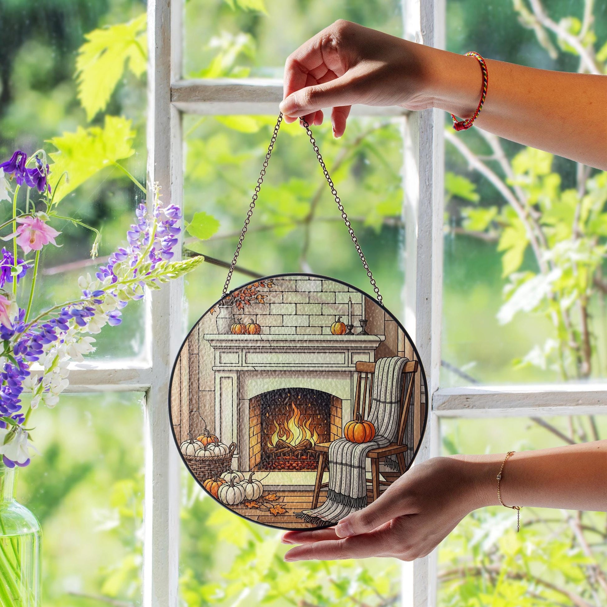 Cozy Fall Fireplace ornament | Autumn Pumpkin Stained Glass Hanging | Warm Harvest Home Decor | Seasonal Window Art
