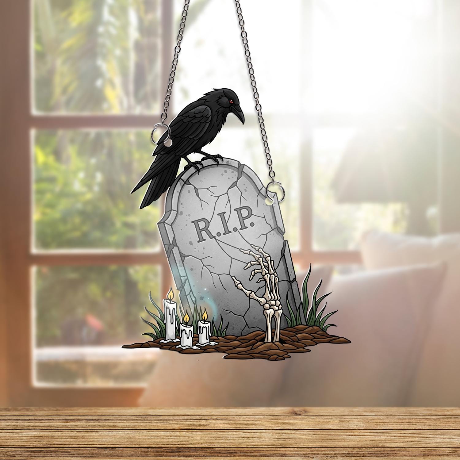 RIP Tombstone Raven ornament | Halloween Skeleton Window Decor | Gothic Spooky Hanging Art | Haunted Grave Glass Ornament
