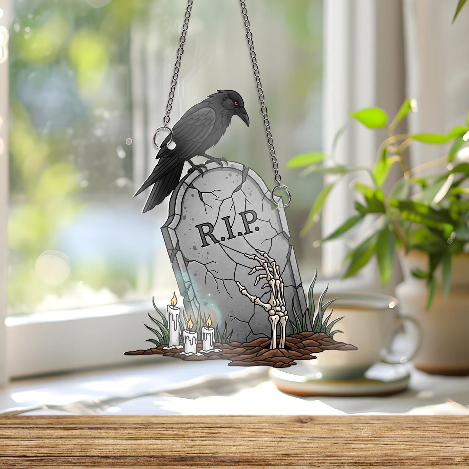 RIP Tombstone Raven ornament | Halloween Skeleton Window Decor | Gothic Spooky Hanging Art | Haunted Grave Glass Ornament