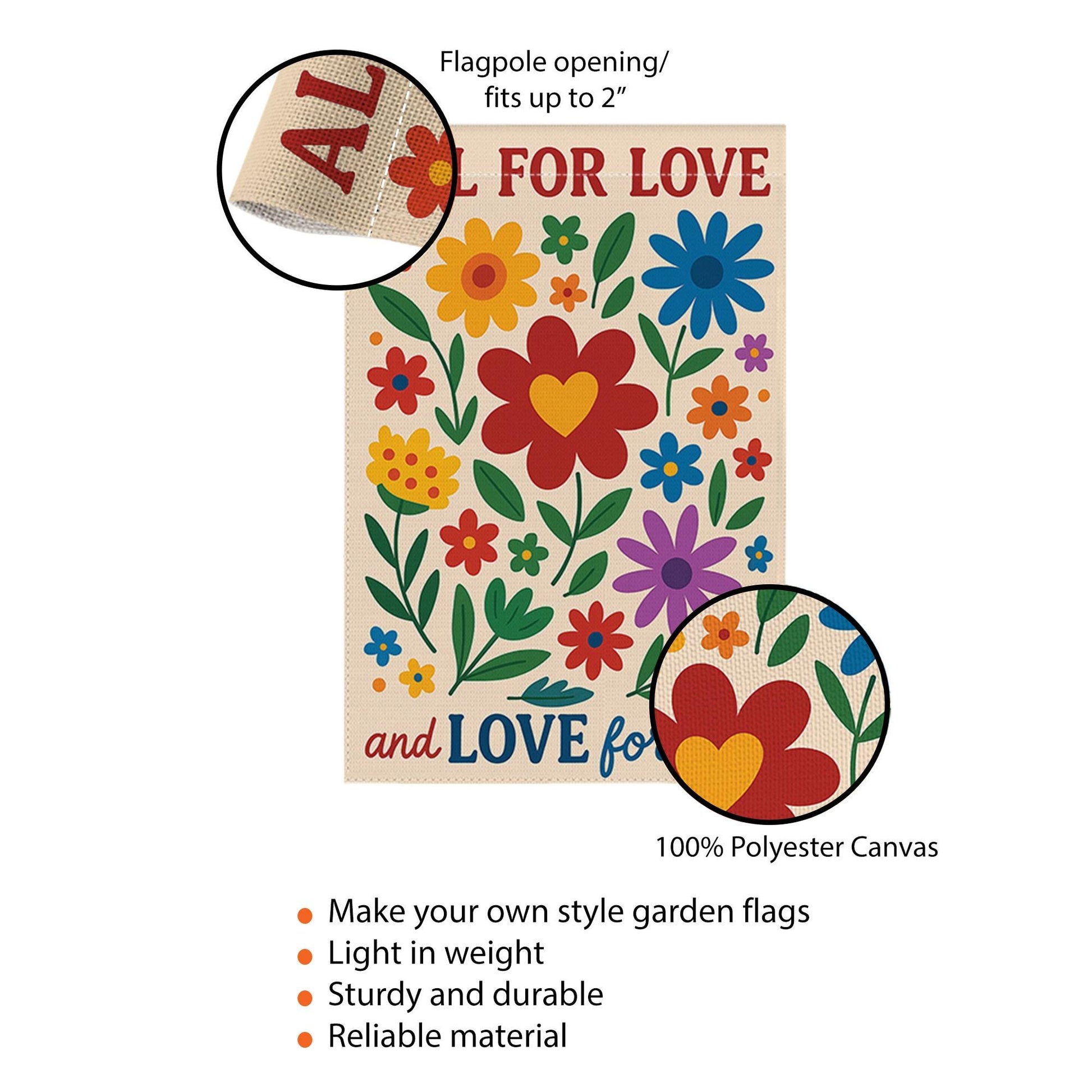 All for Love Garden Flag, Love for All Yard Sign, Colorful Floral Outdoor Decor, Pride Equality Flag, Inclusive Garden Banner