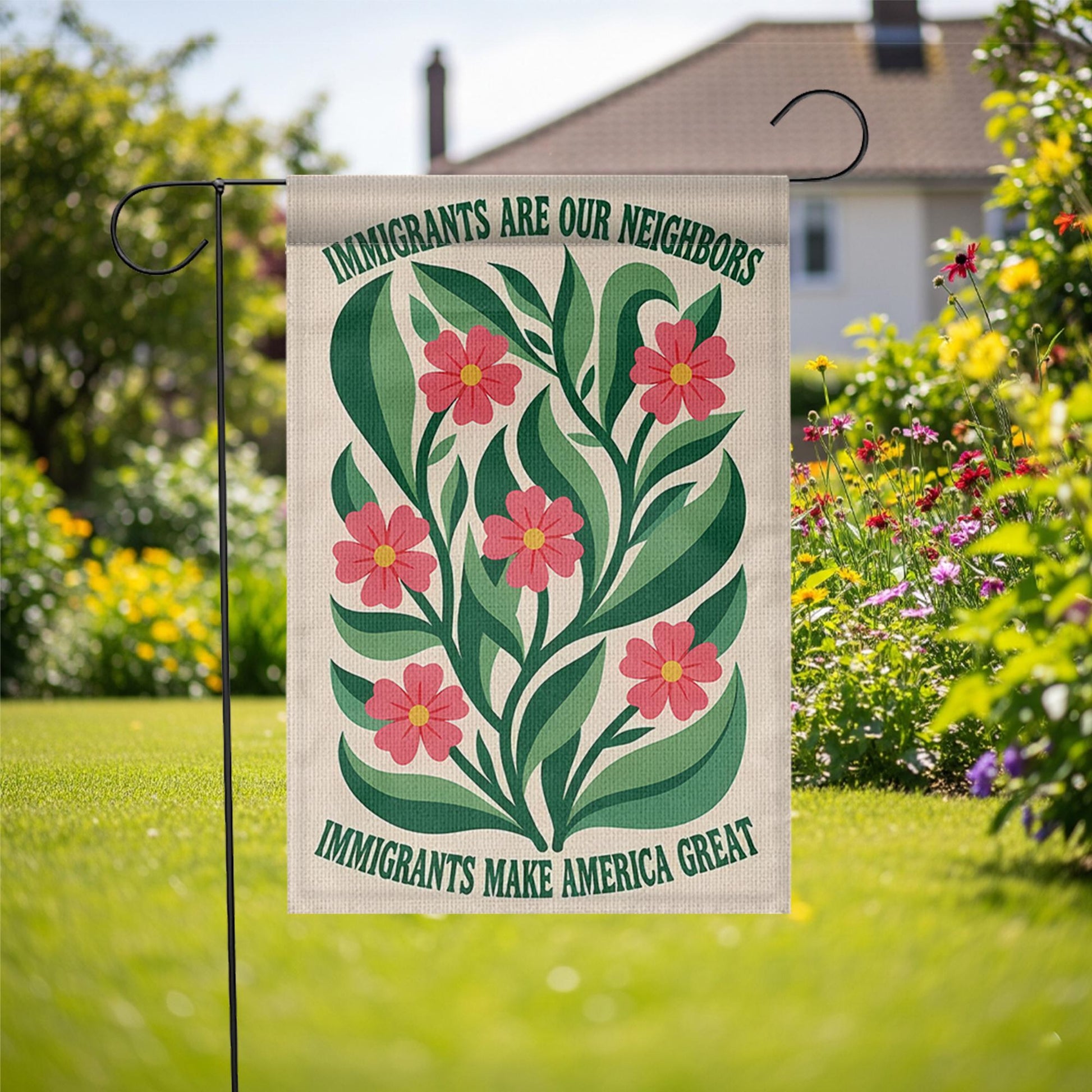 Immigrants Are Our Neighbors Garden Flag, Pro Immigrant Yard Sign, Floral Outdoor Decor, Diversity Equality Banner, Welcome Flag