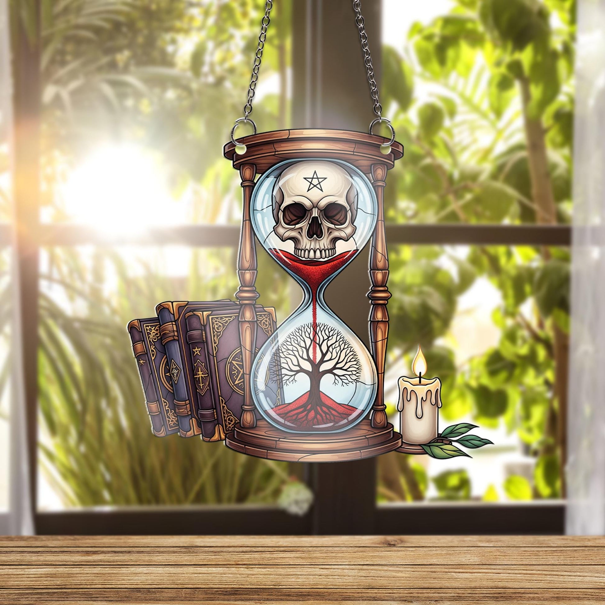 Mystic Hourglass Skull ornament | Gothic Tree of Life Window Decor | Occult Witchy Glass Hanging | Dark Academia Halloween Art