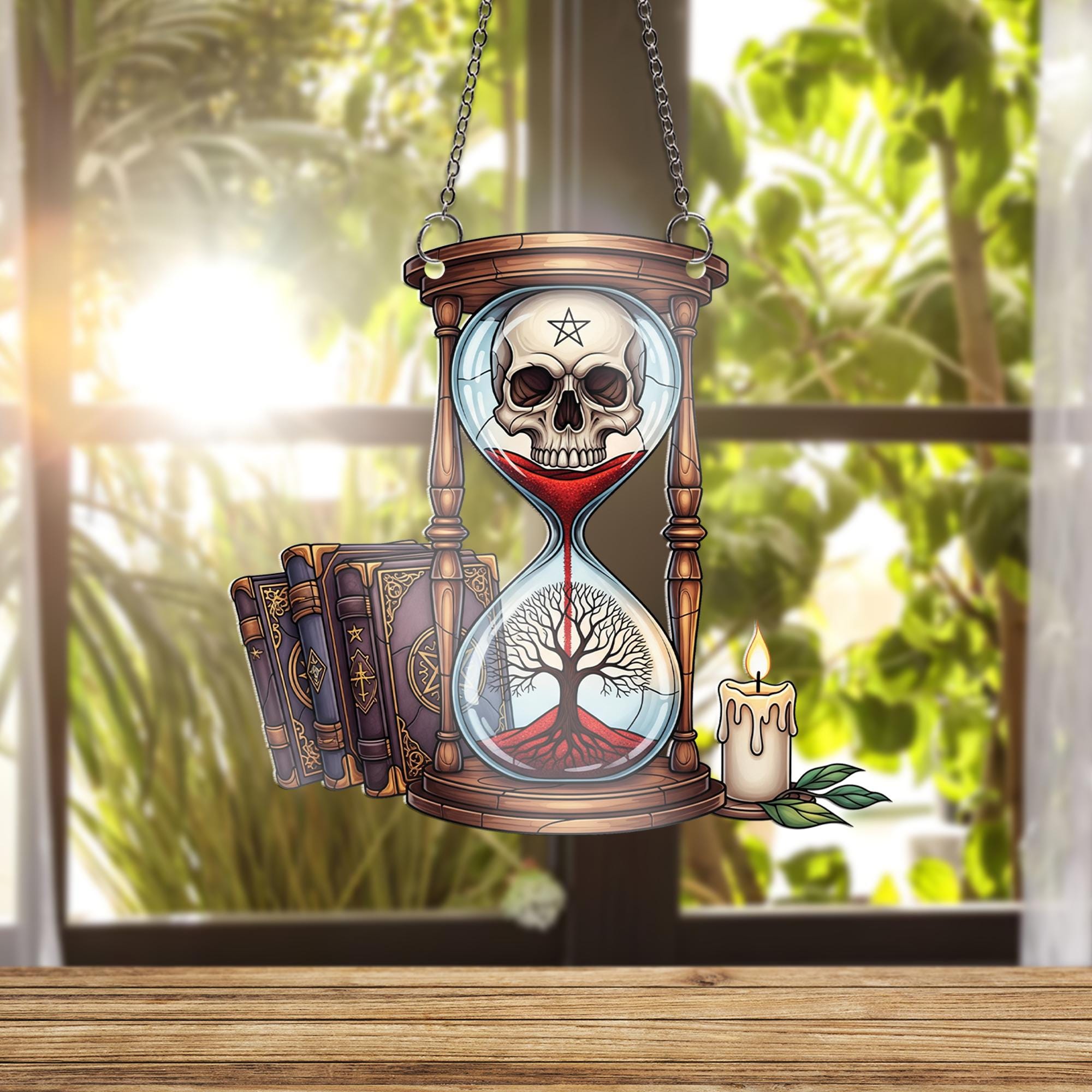 Mystic Hourglass Skull ornament | Gothic Tree of Life Window Decor | Occult Witchy Glass Hanging | Dark Academia Halloween Art