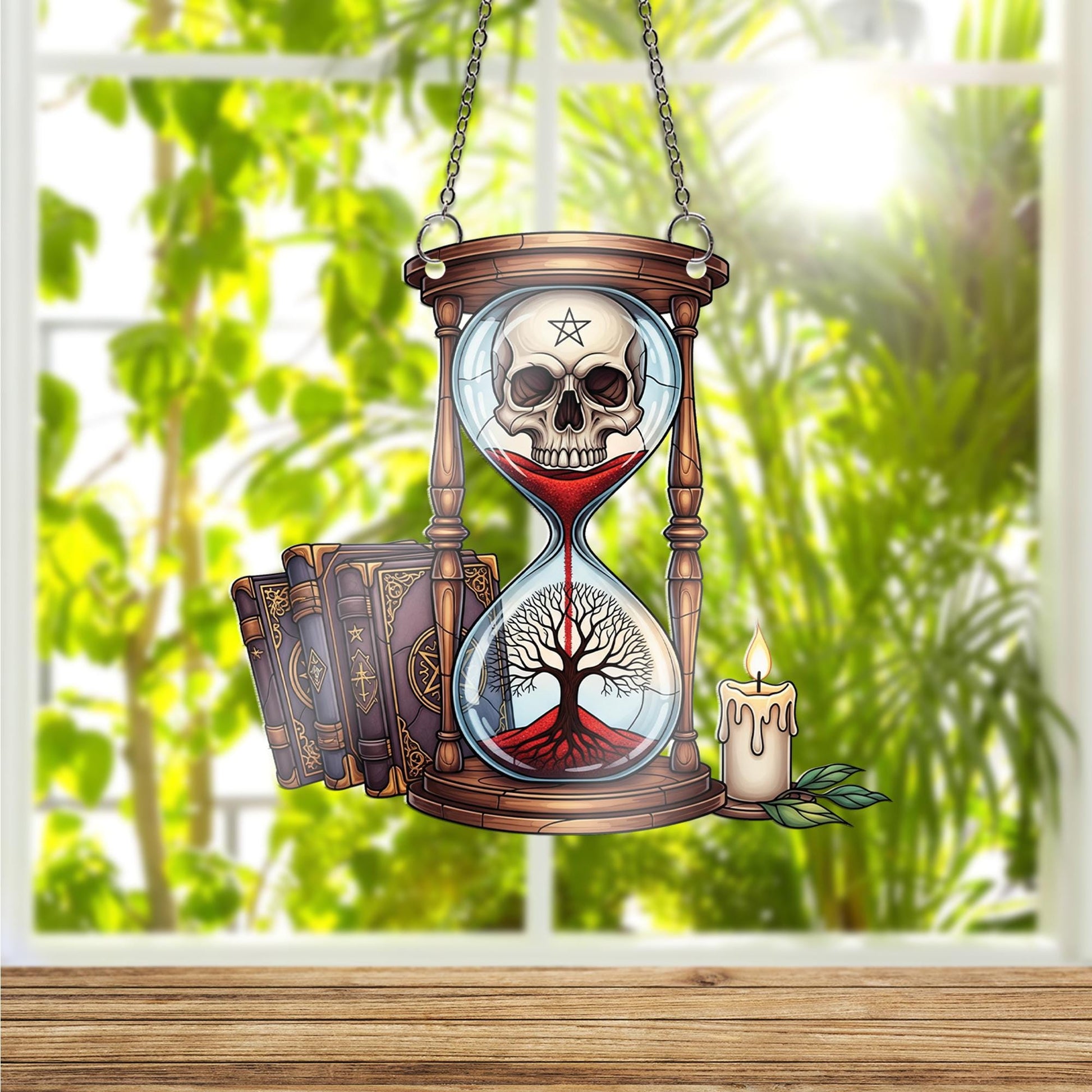Mystic Hourglass Skull ornament | Gothic Tree of Life Window Decor | Occult Witchy Glass Hanging | Dark Academia Halloween Art
