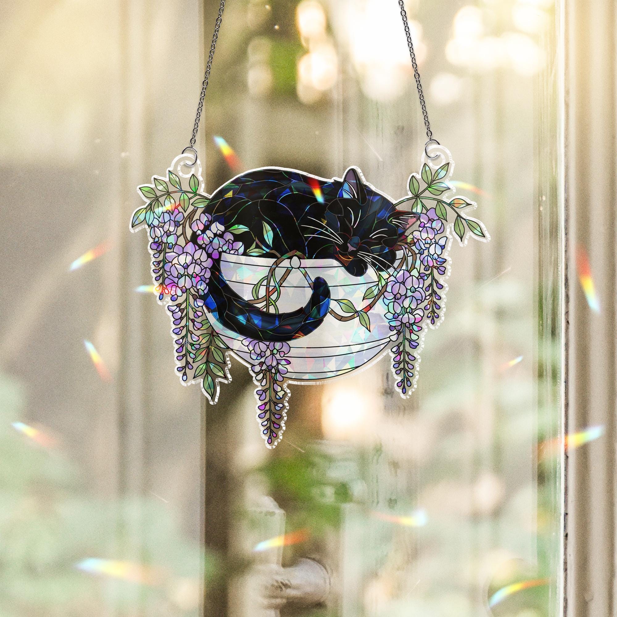 Black Cat with Wisteria Flowers Hologram Ornament, Sleeping Black Cat ACRYLIC Hanging Window Decor, Wisteria Floral Art Gift, Cat Lover Gift