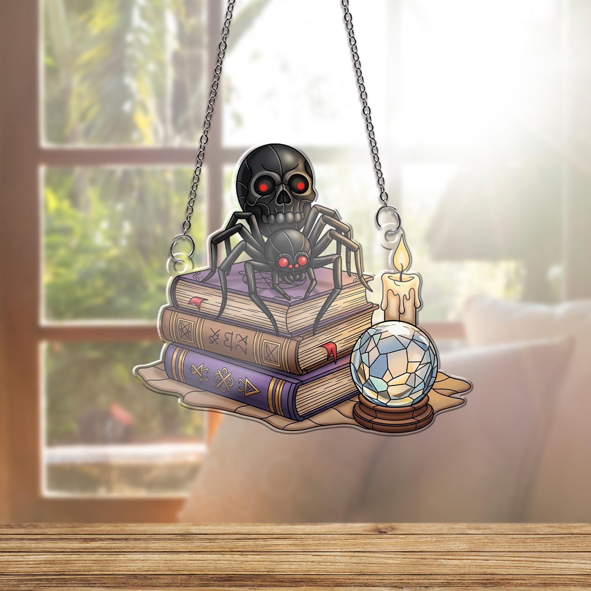 Gothic Spider Skull ornament | Witchy Crystal Ball Glass Art | Halloween Book Decor | Dark Academia Window Hanging