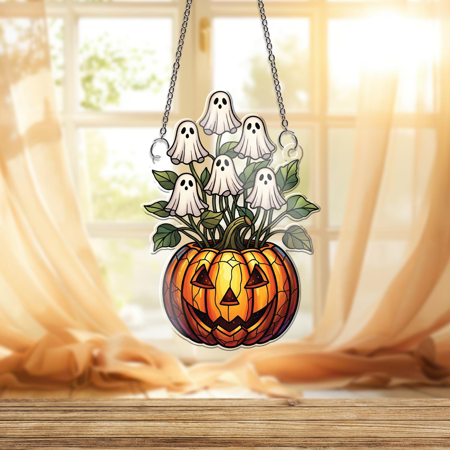 Ghost Flower Pumpkin ornament | Halloween Jack-O'-Lantern Glass Art | Spooky Cute Window Decor