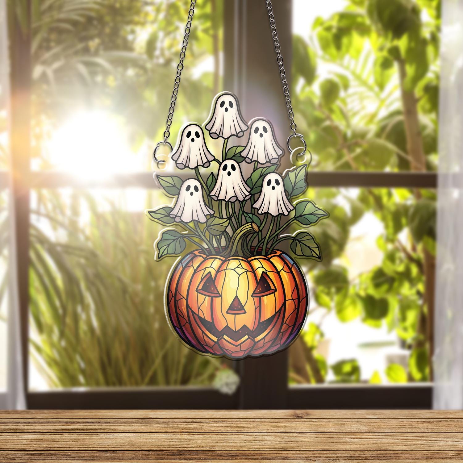 Ghost Flower Pumpkin ornament | Halloween Jack-O'-Lantern Glass Art | Spooky Cute Window Decor
