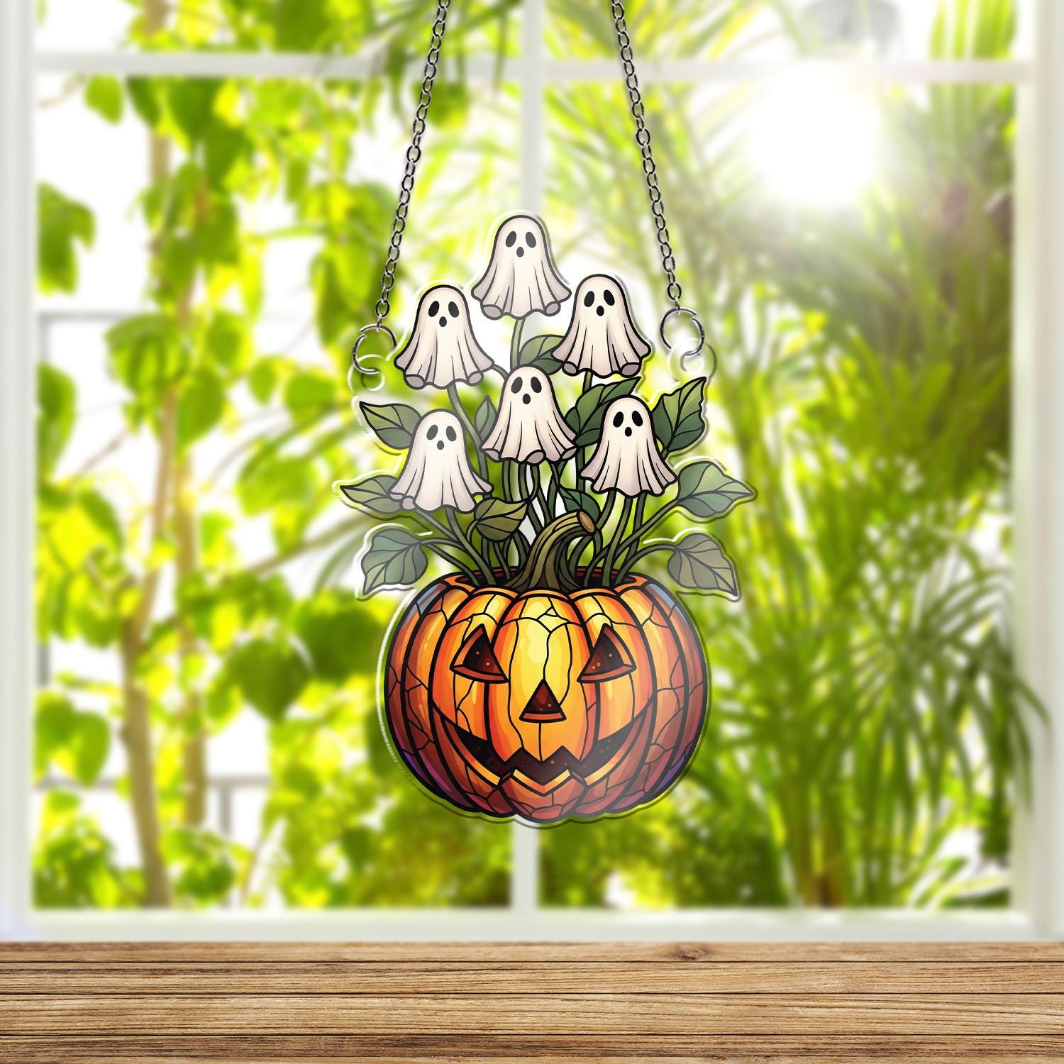 Ghost Flower Pumpkin ornament | Halloween Jack-O'-Lantern Glass Art | Spooky Cute Window Decor