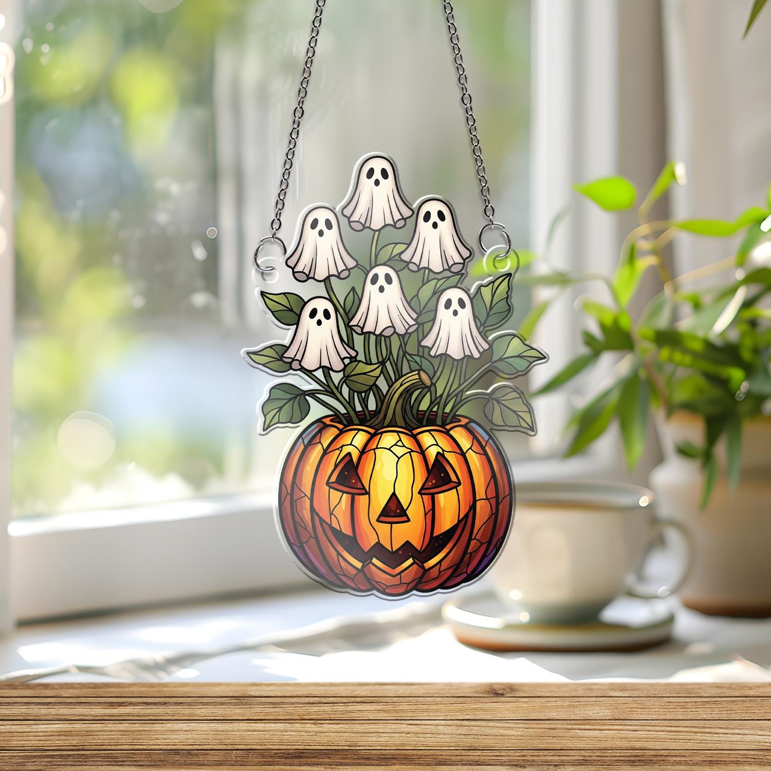 Ghost Flower Pumpkin ornament | Halloween Jack-O'-Lantern Glass Art | Spooky Cute Window Decor