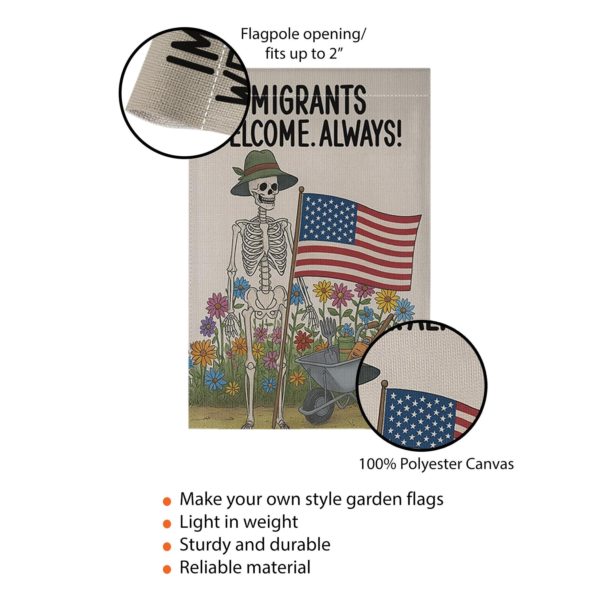 Immigrants Welcome Always Garden Flag, Skeleton Patriotic Yard Decor, Pro Immigrant Sign, Equality Garden Banner, Floral Outdoor Art