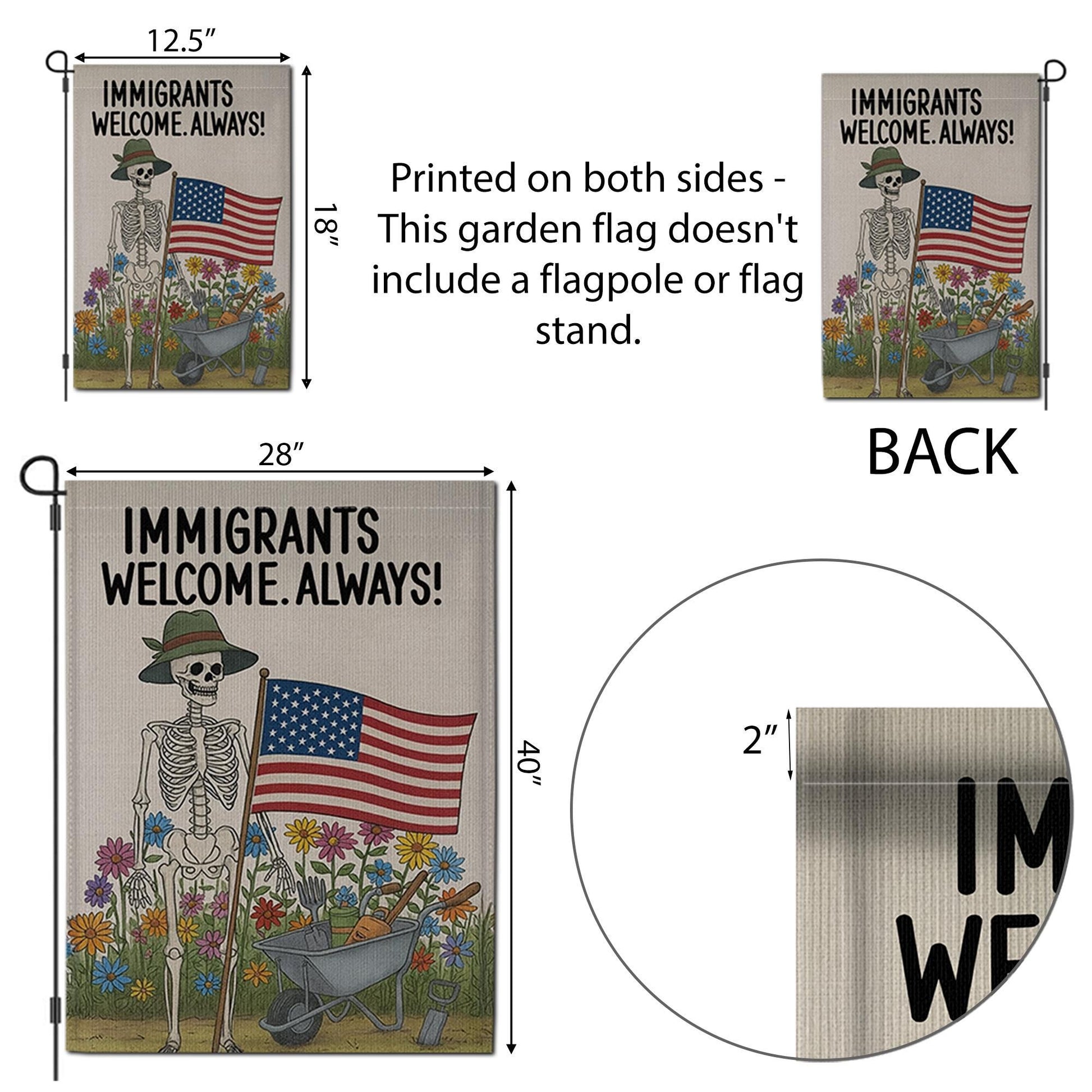 Immigrants Welcome Always Garden Flag, Skeleton Patriotic Yard Decor, Pro Immigrant Sign, Equality Garden Banner, Floral Outdoor Art