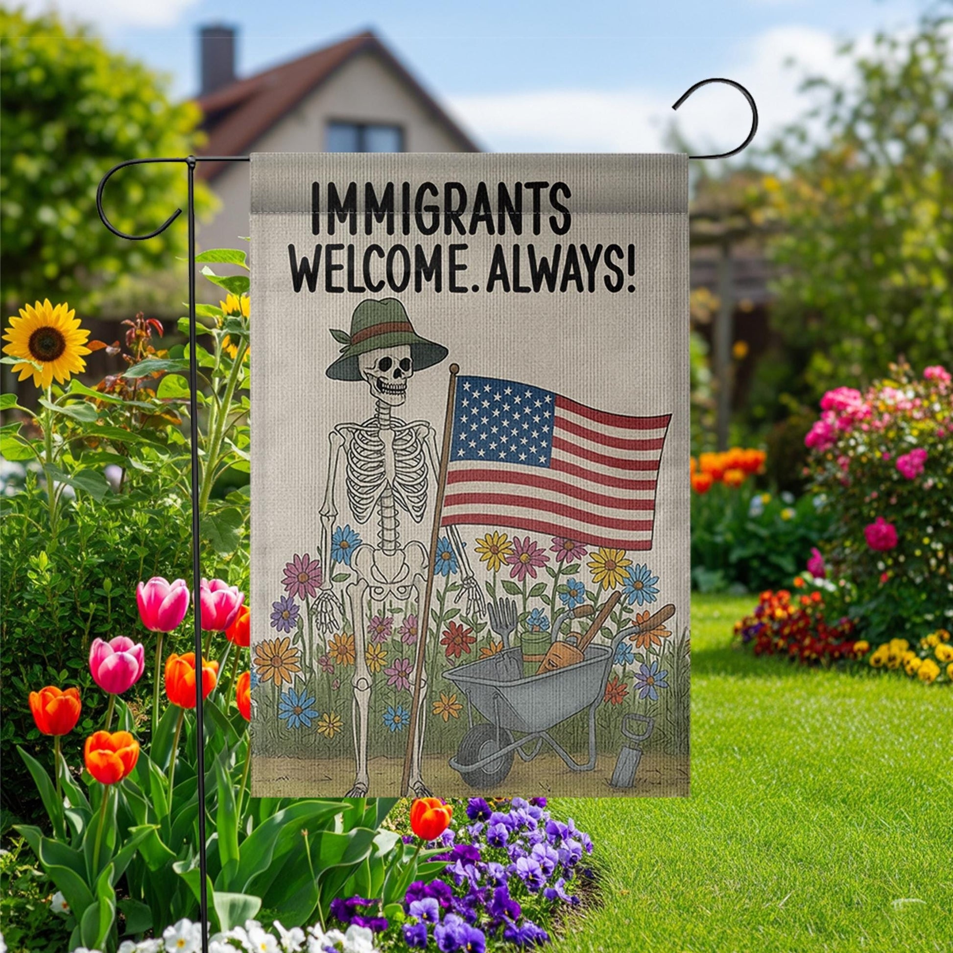 Immigrants Welcome Always Garden Flag, Skeleton Patriotic Yard Decor, Pro Immigrant Sign, Equality Garden Banner, Floral Outdoor Art