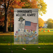 Immigrants Welcome Always Garden Flag, Skeleton Patriotic Yard Decor, Pro Immigrant Sign, Equality Garden Banner, Floral Outdoor Art