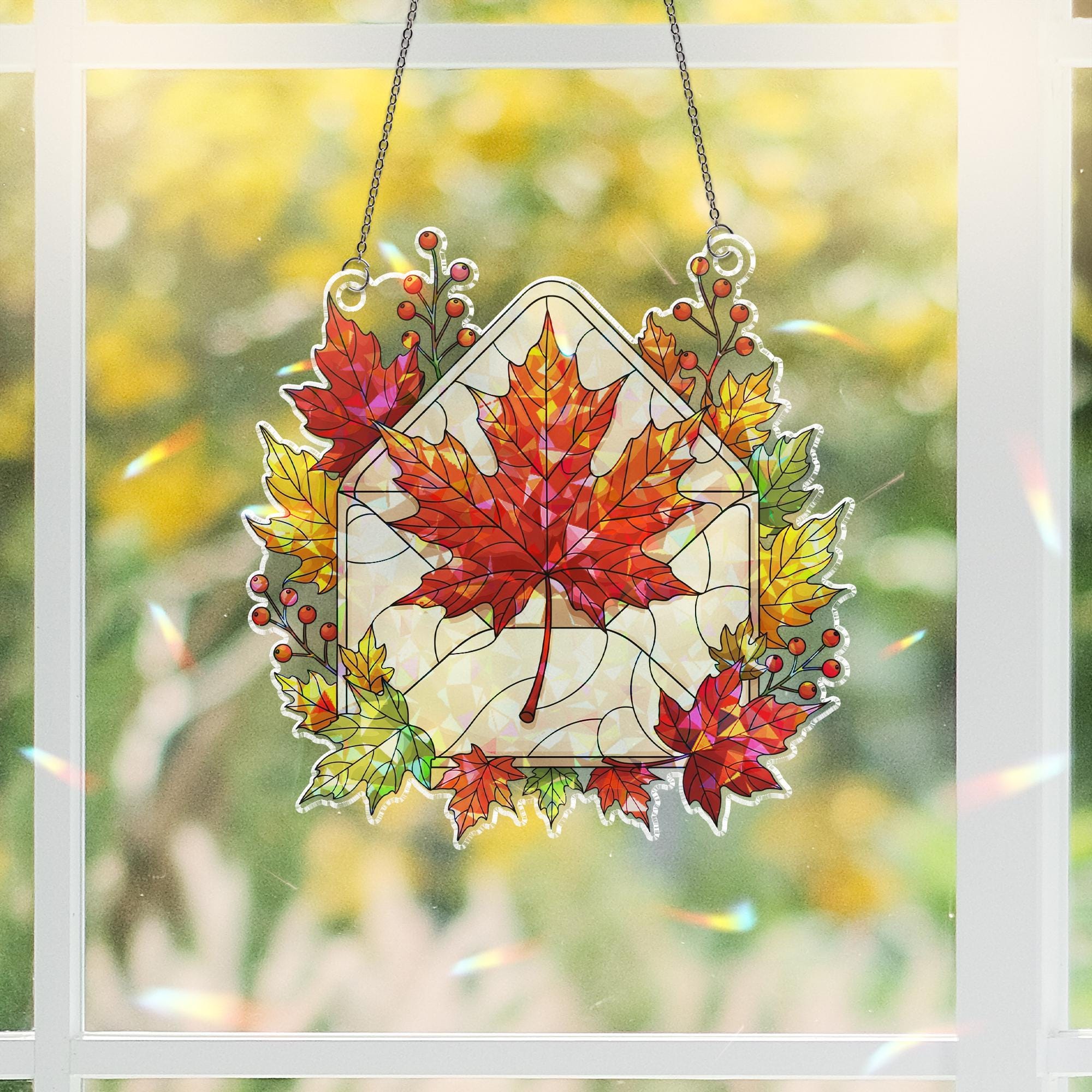 Autumn Maple Leaf Suncatcher | Fall Envelope Window Hanging | Stained Glass Leaf Decor
