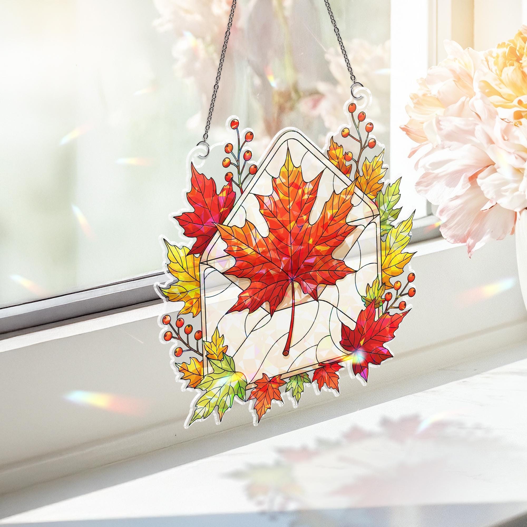 Autumn Maple Leaf Suncatcher | Fall Envelope Window Hanging | Stained Glass Leaf Decor