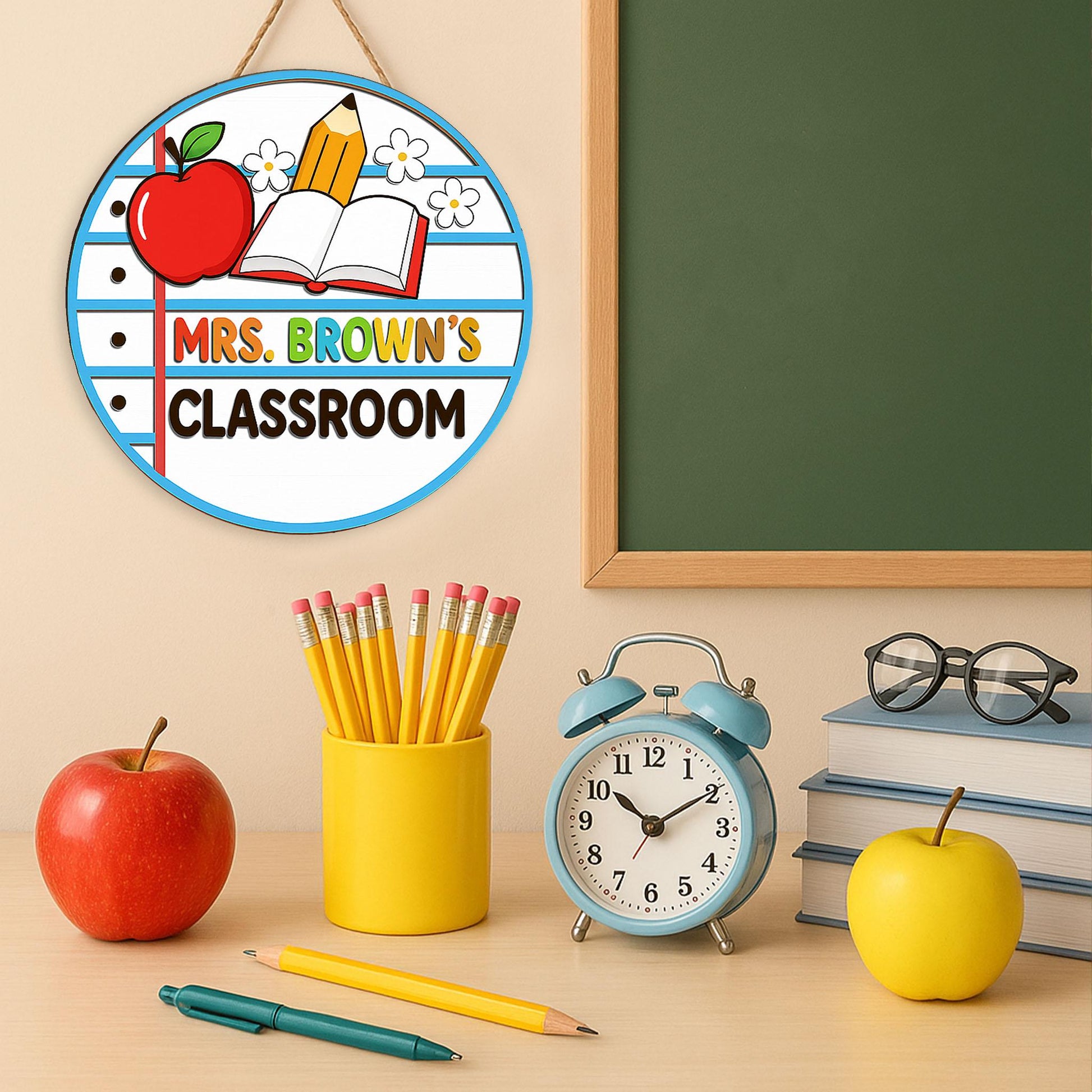 Personalized Classroom Door Sign – 2 Layer Teacher Name Wooden Sign with Apple & Pencil – Custom Back to School Teacher Decor