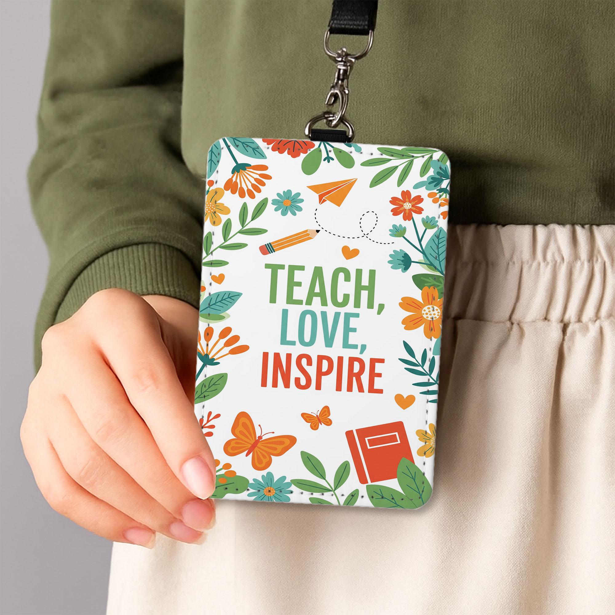 Teach Love Inspire Badge Holder – Floral Leather Teacher ID Holder with Lanyard – Cute Back to School Gift for Educators & Staff