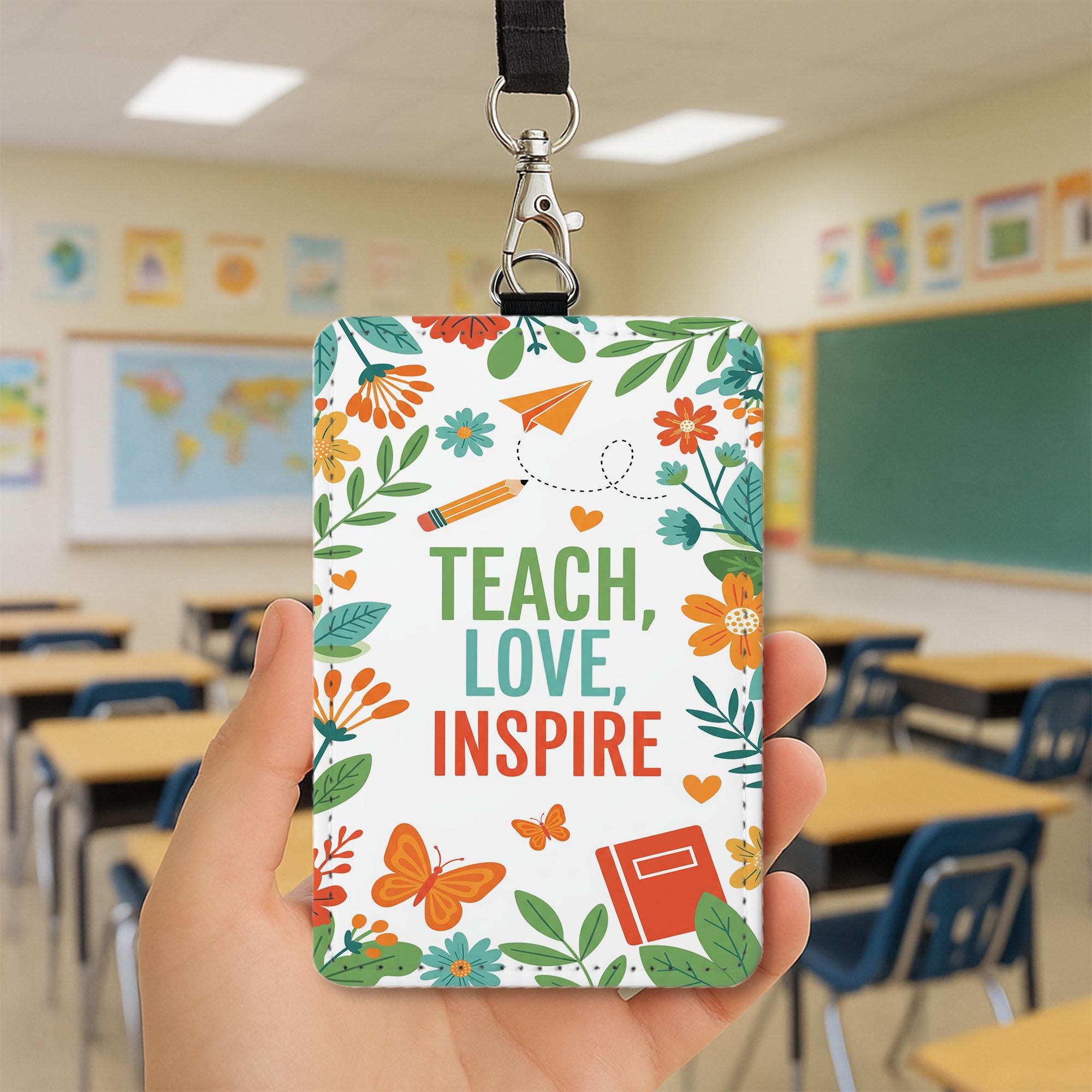 Teach Love Inspire Badge Holder – Floral Leather Teacher ID Holder with Lanyard – Cute Back to School Gift for Educators & Staff