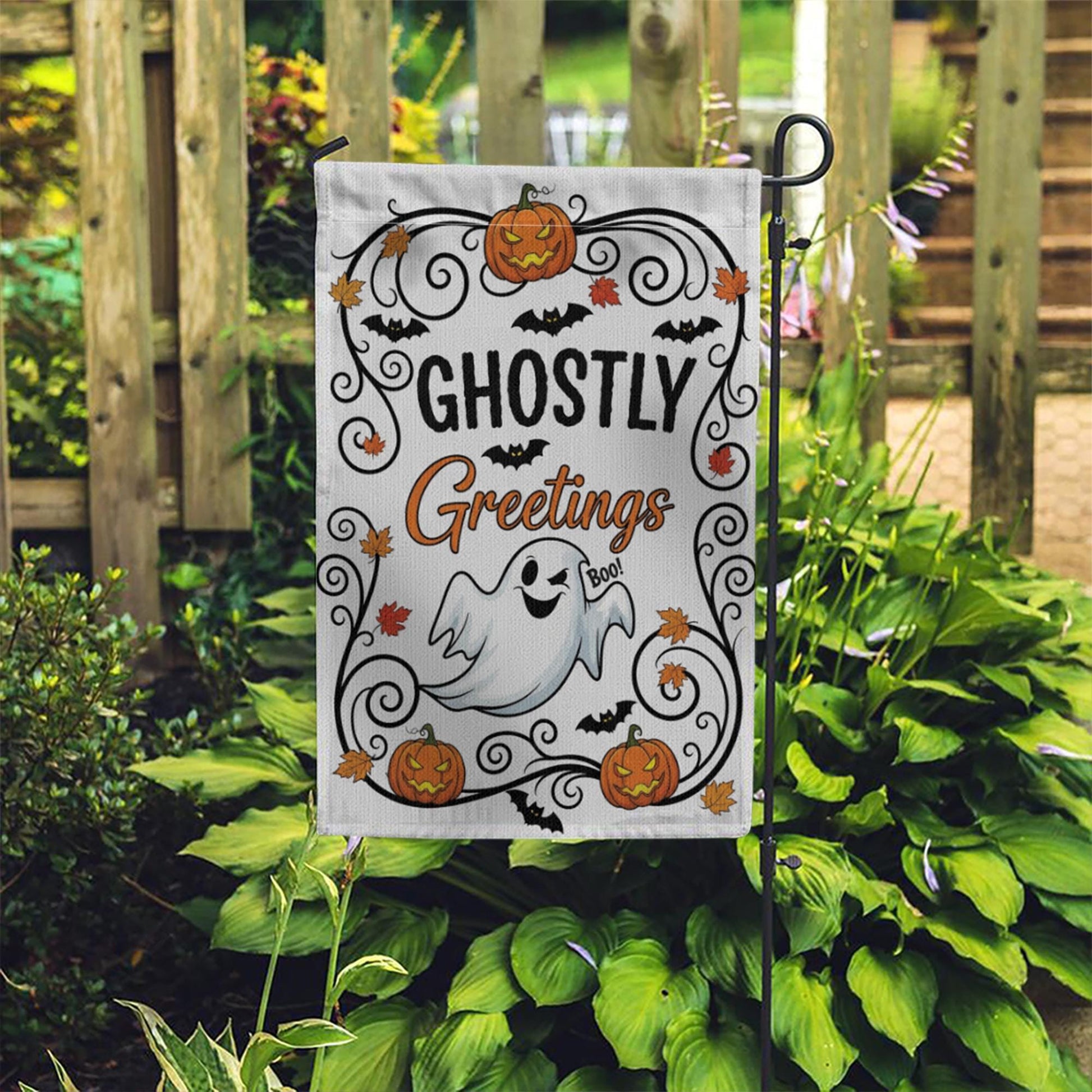 Ghostly Greetings Halloween Garden Flag – Cute Ghost Yard Decor with Pumpkins, Bats & Fall Leaves for Spooky Outdoor Decoration