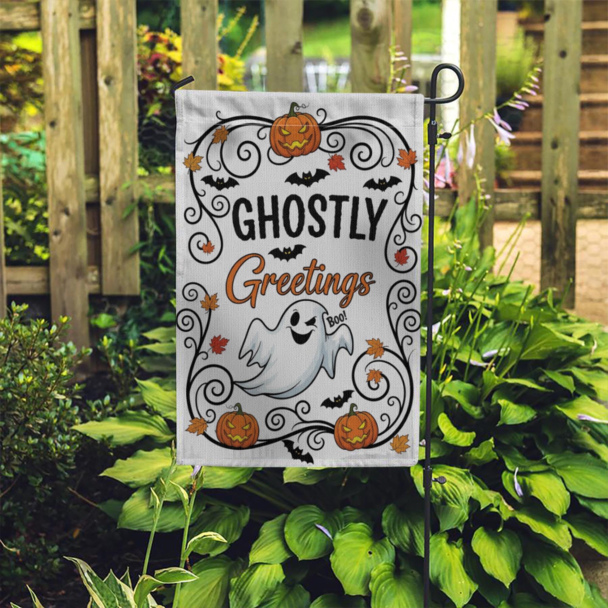 Ghostly Greetings Halloween Garden Flag – Cute Ghost Yard Decor with Pumpkins, Bats & Fall Leaves for Spooky Outdoor Decoration