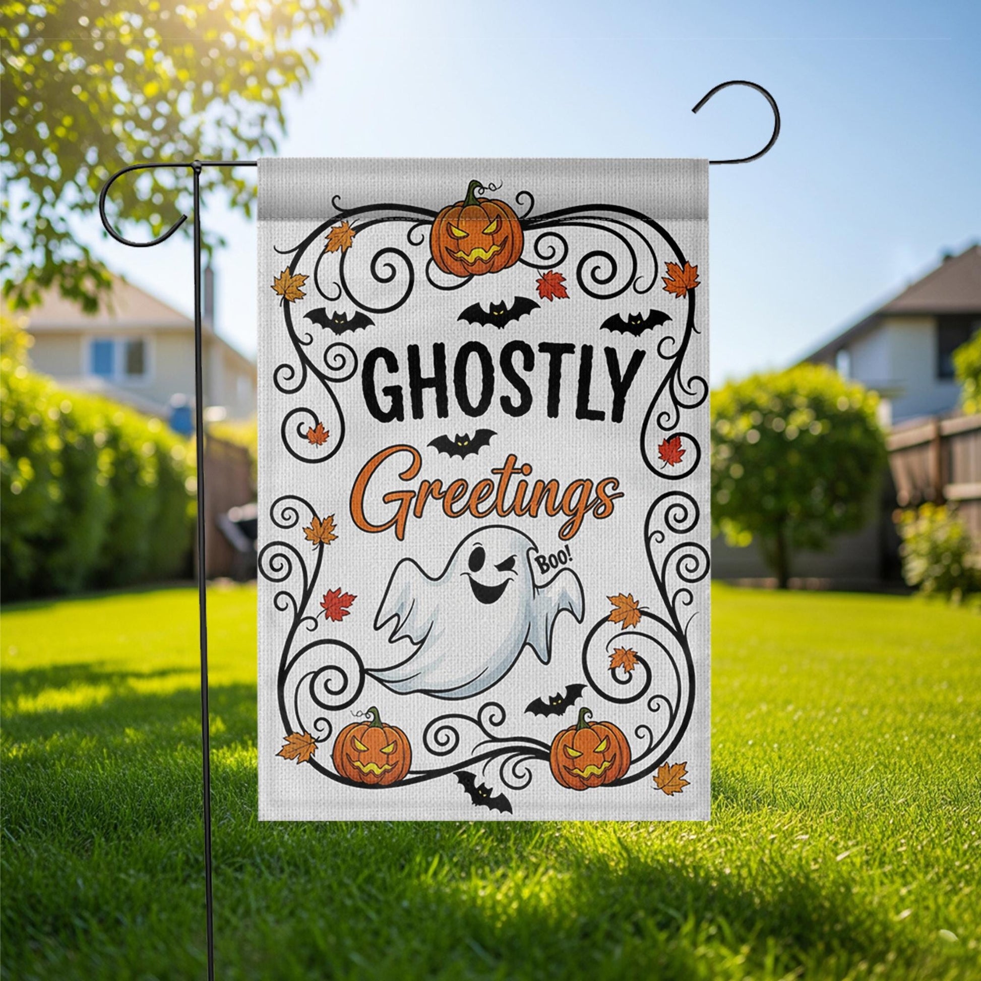 Ghostly Greetings Halloween Garden Flag – Cute Ghost Yard Decor with Pumpkins, Bats & Fall Leaves for Spooky Outdoor Decoration
