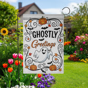 Ghostly Greetings Halloween Garden Flag – Cute Ghost Yard Decor with Pumpkins, Bats & Fall Leaves for Spooky Outdoor Decoration