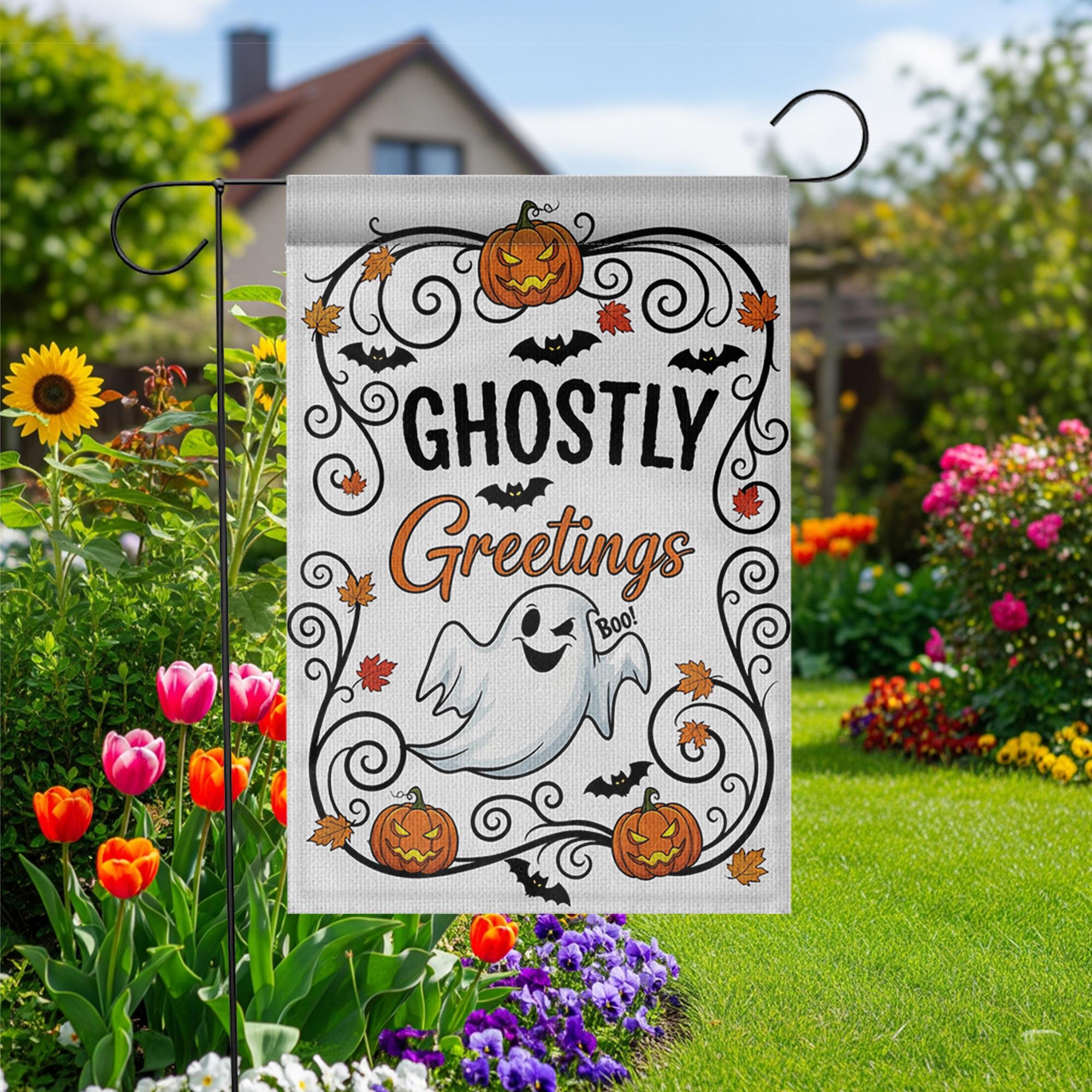 Ghostly Greetings Halloween Garden Flag – Cute Ghost Yard Decor with Pumpkins, Bats & Fall Leaves for Spooky Outdoor Decoration
