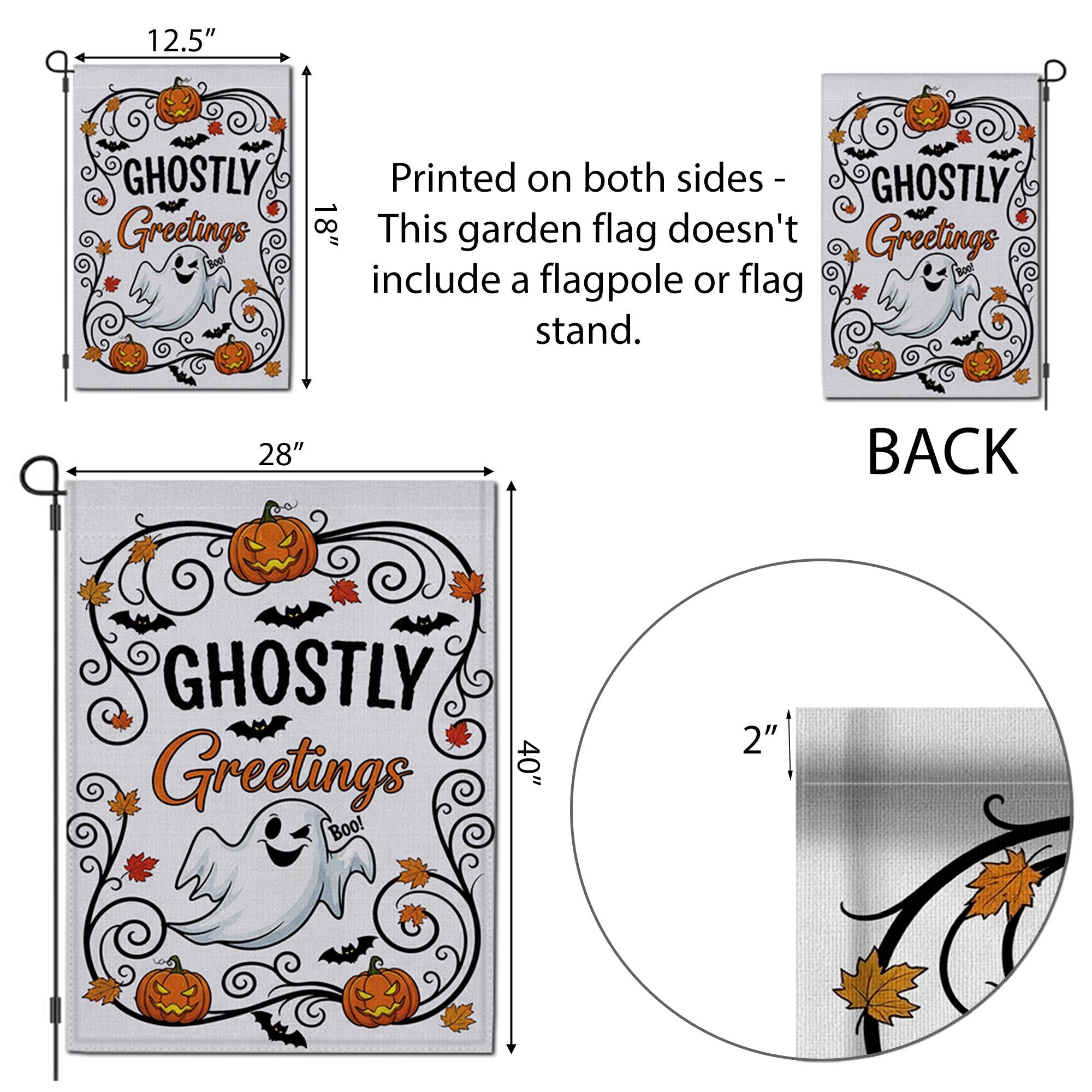 Ghostly Greetings Halloween Garden Flag – Cute Ghost Yard Decor with Pumpkins, Bats & Fall Leaves for Spooky Outdoor Decoration