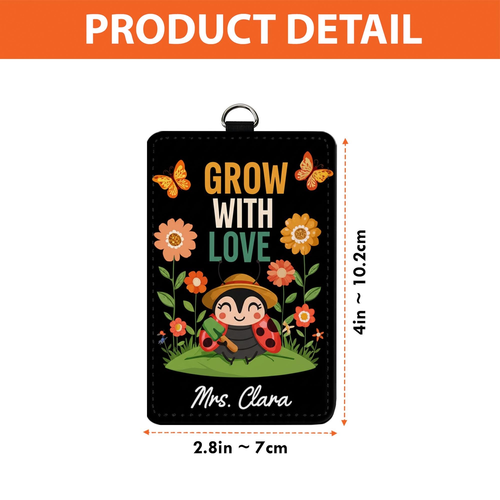 Grow With Love Leather Badge Holder – Cute Ladybug Teacher ID Card Holder with Flowers – Personalized Lanyard Gift for Educators