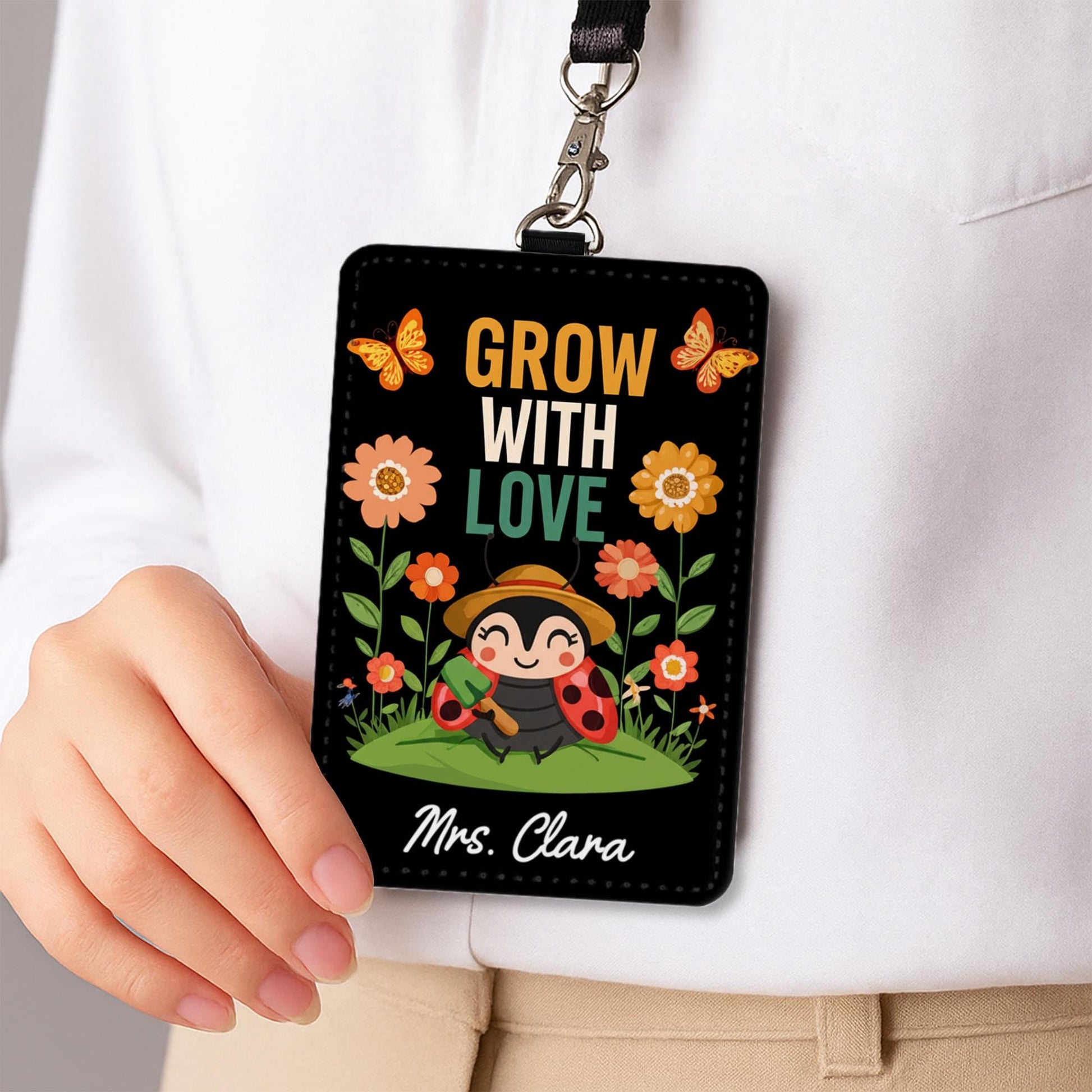Grow With Love Leather Badge Holder – Cute Ladybug Teacher ID Card Holder with Flowers – Personalized Lanyard Gift for Educators