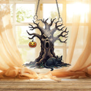 Spooky Tree & Black Cat Window Hanging – Halloween Haunted Tree with Pumpkin Lantern Suncatcher for Creepy Fall Home Decor